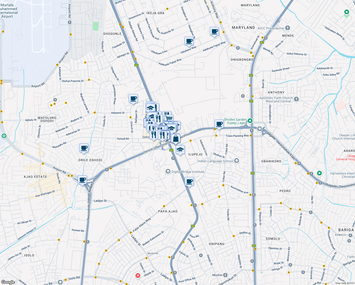map of restaurants, bars, coffee shops, grocery stores, and more near Apapa Oworonshoki Expressway in Lagos