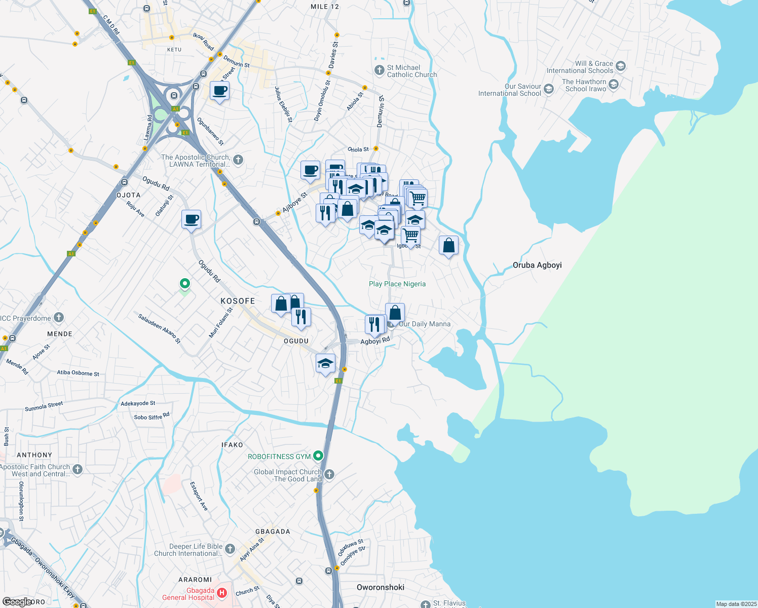 map of restaurants, bars, coffee shops, grocery stores, and more near 6 Segun Oduwole Street in Lagos
