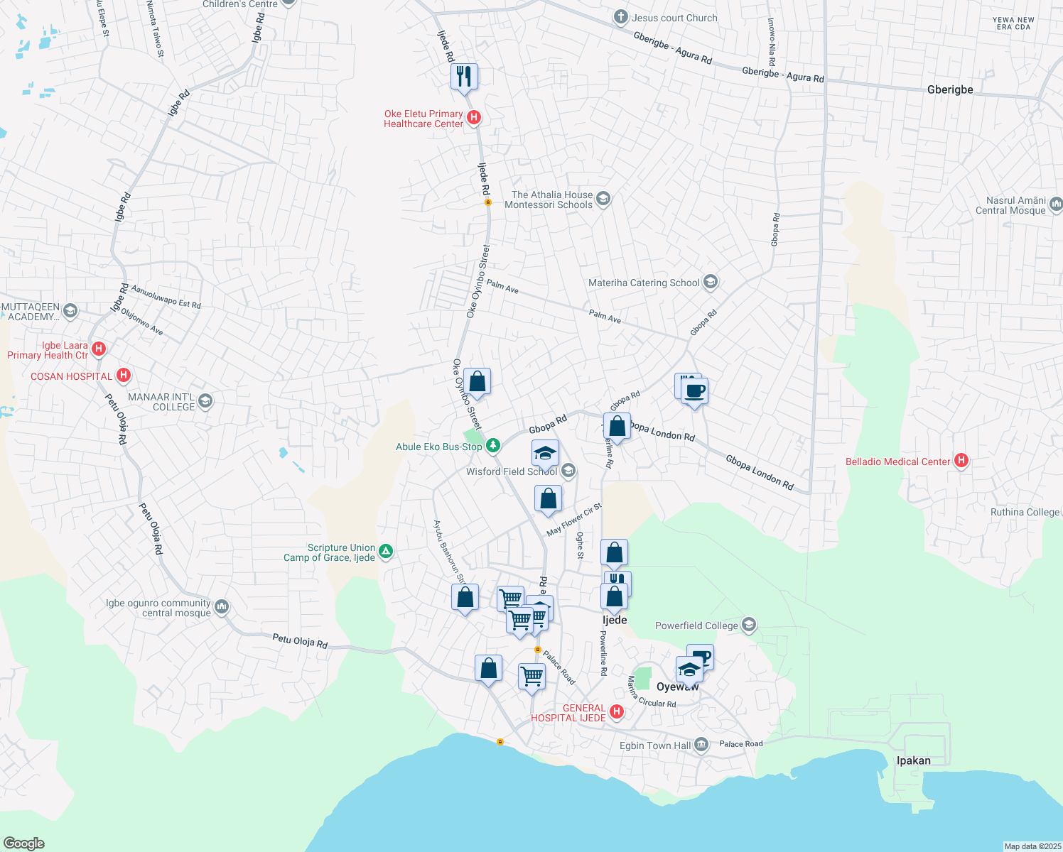 map of restaurants, bars, coffee shops, grocery stores, and more near 28 Gbopa Road in Ijede