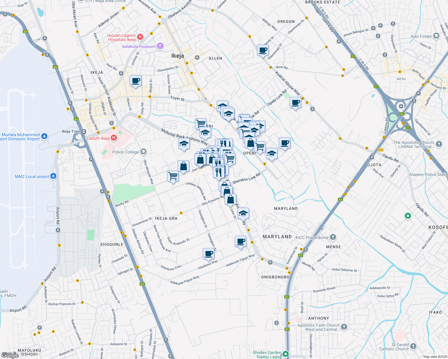 map of restaurants, bars, coffee shops, grocery stores, and more near 52-54 Isaac John Street in Lagos