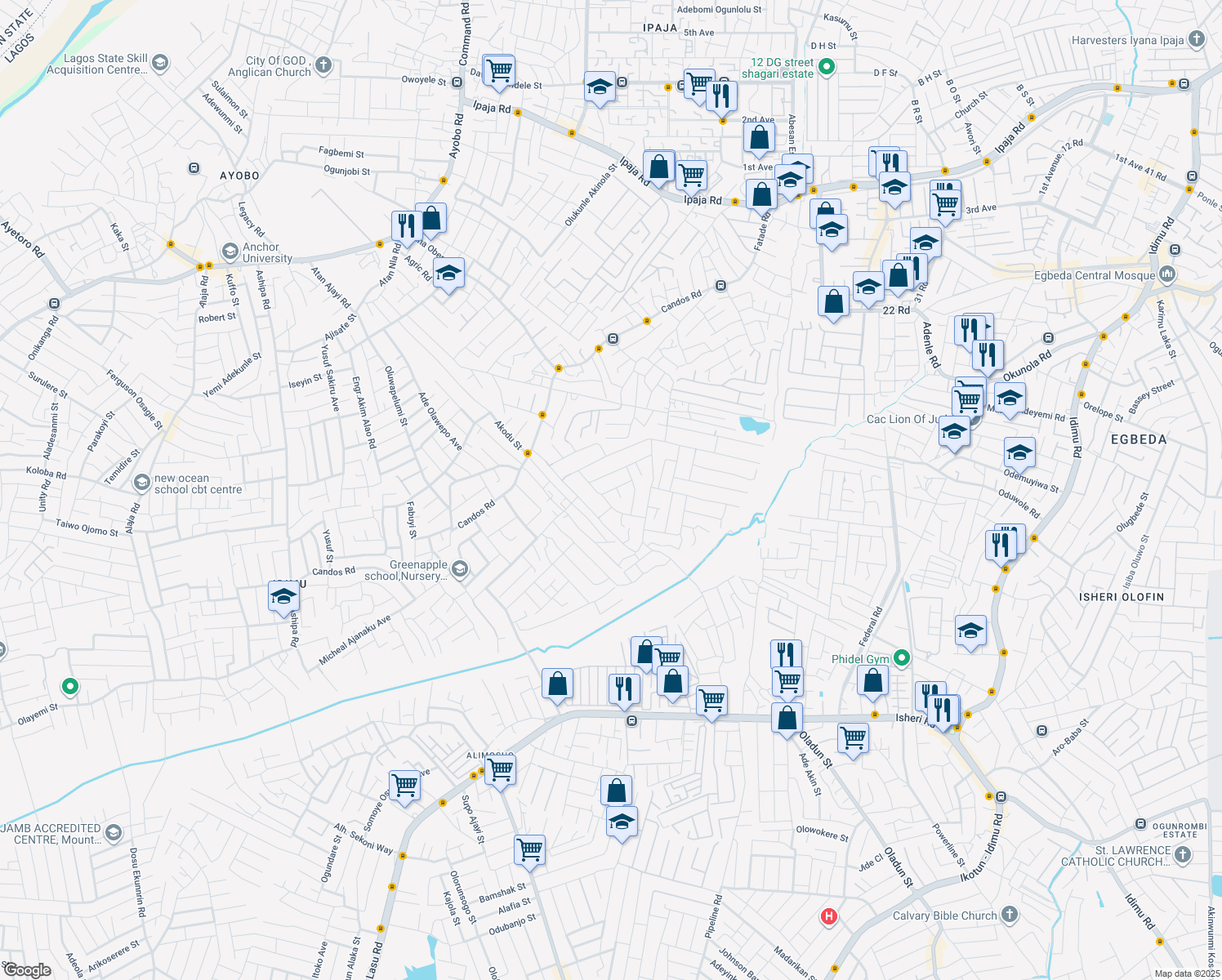 map of restaurants, bars, coffee shops, grocery stores, and more near 8 Road 5 in Lagos