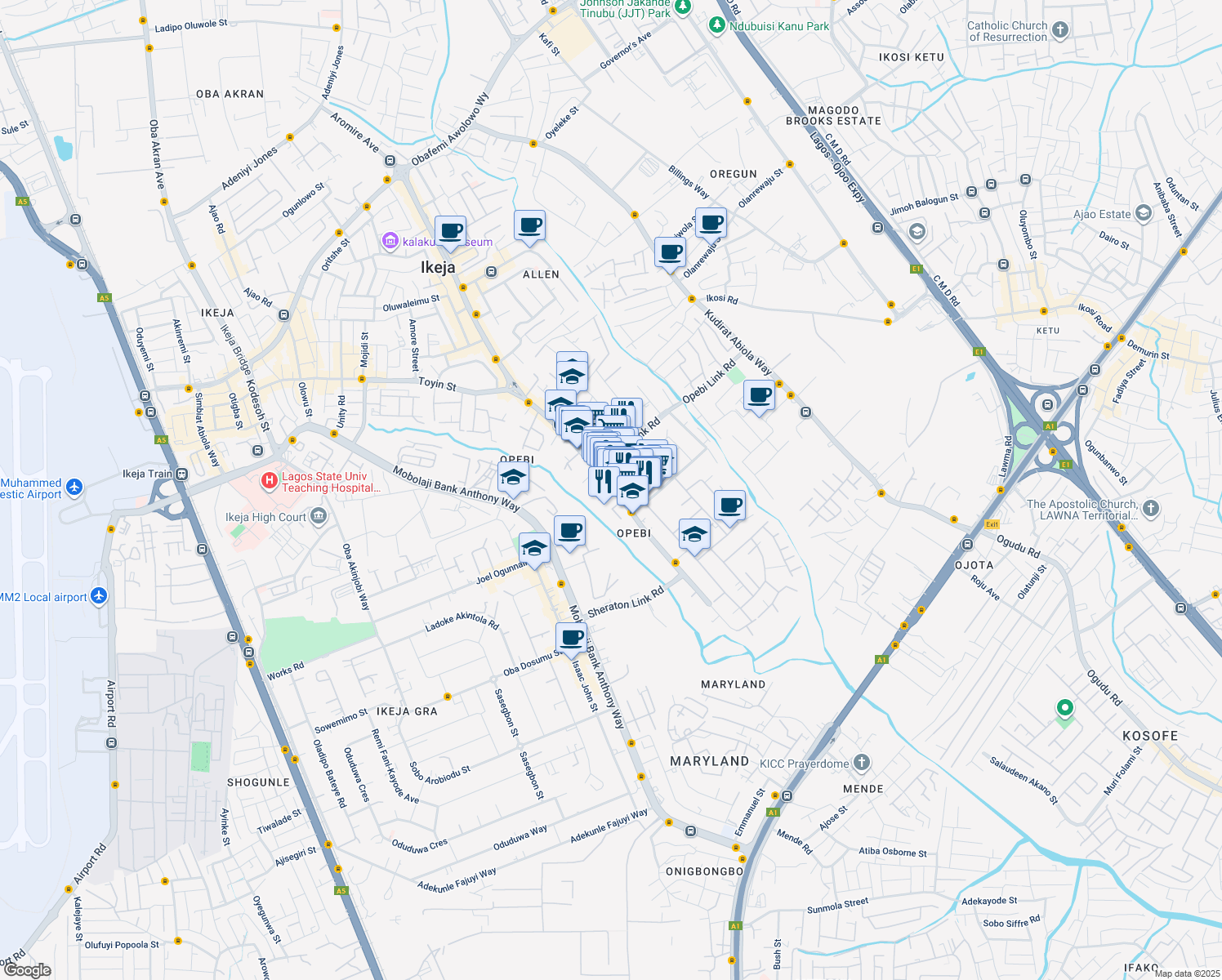 map of restaurants, bars, coffee shops, grocery stores, and more near Opebi Road in Ikeja