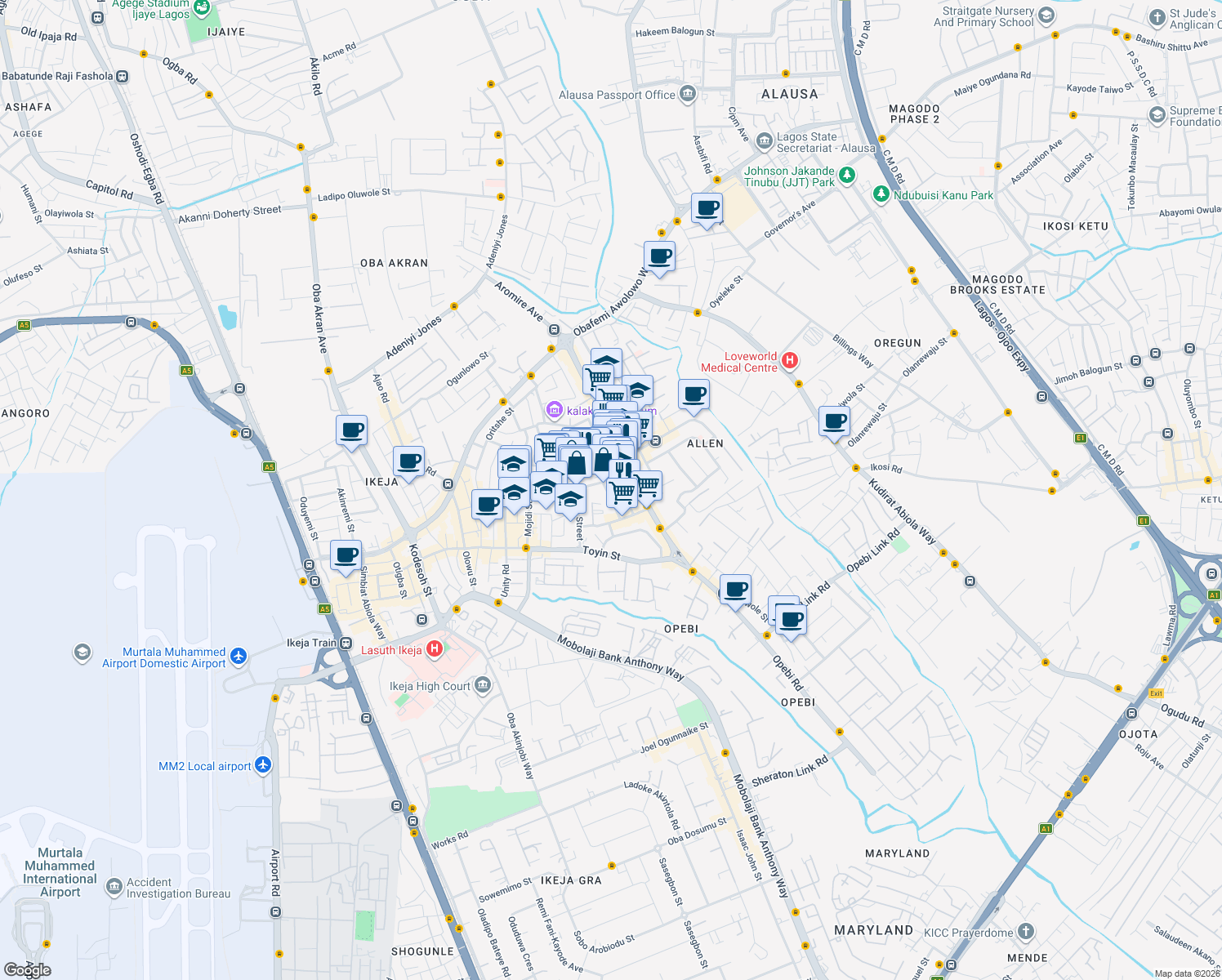 map of restaurants, bars, coffee shops, grocery stores, and more near 20 Omotayo Ojo Street in Ikeja