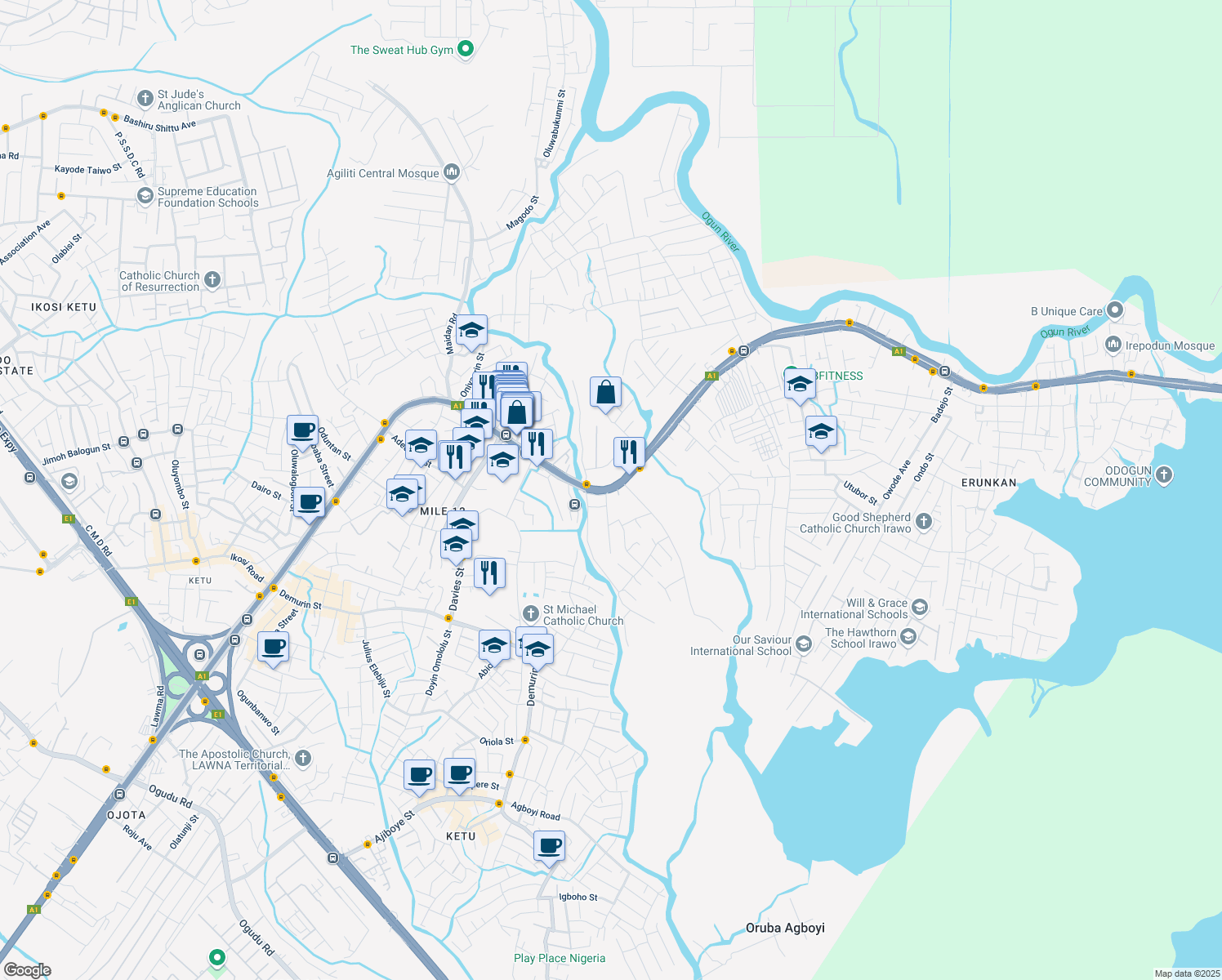 map of restaurants, bars, coffee shops, grocery stores, and more near Ikorodu - Lagos Road in Lagos