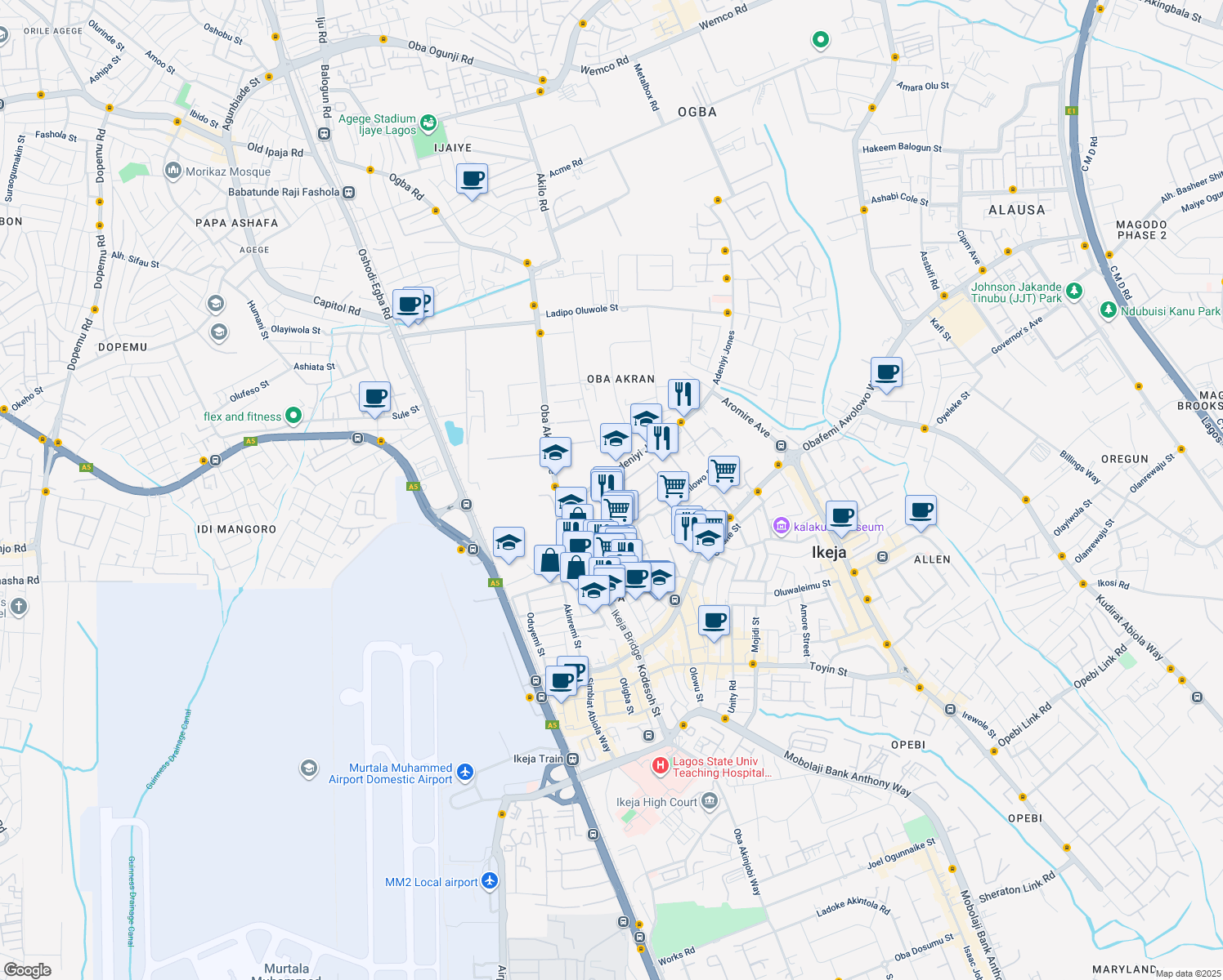 map of restaurants, bars, coffee shops, grocery stores, and more near Wemabod Estate in Ikeja