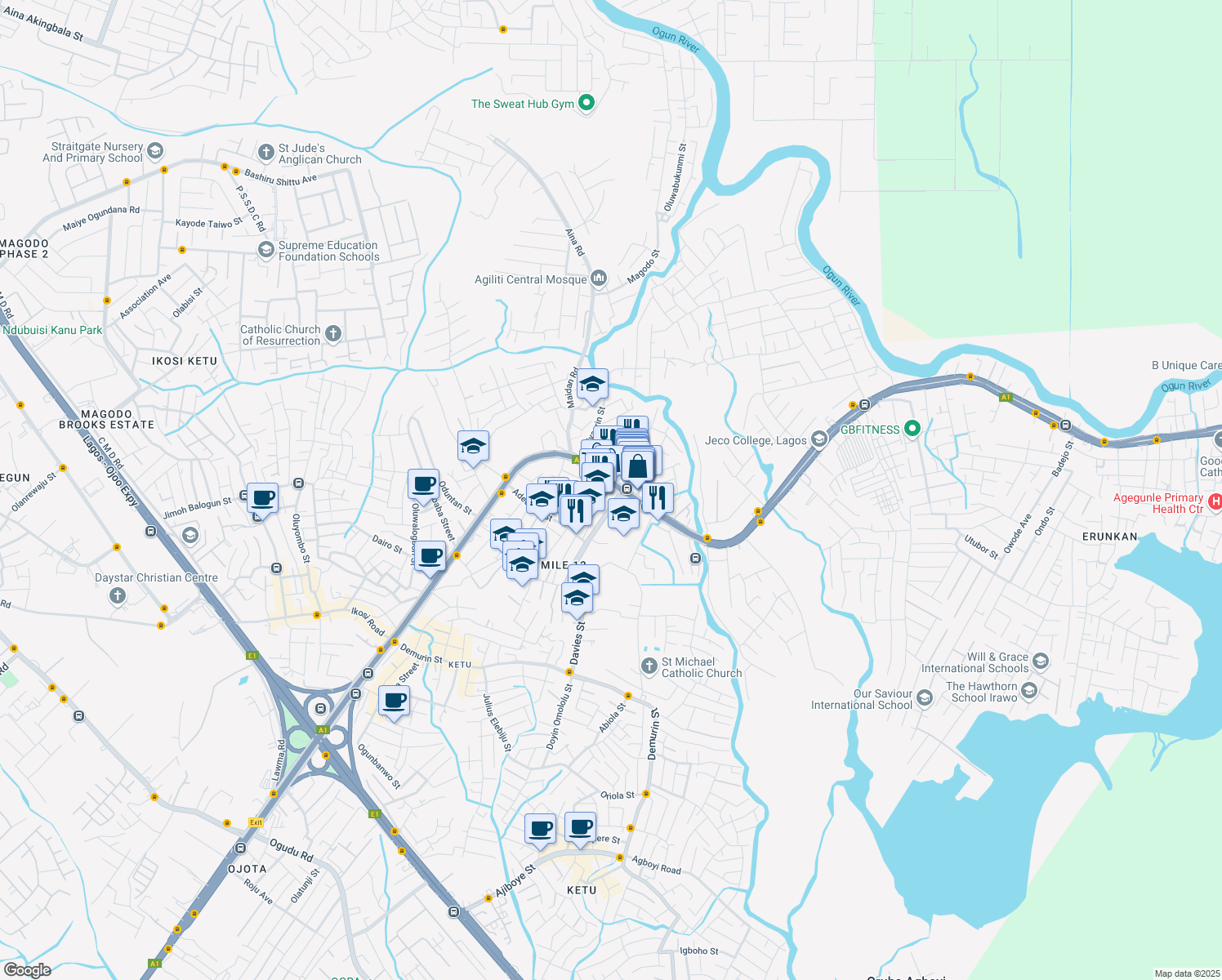 map of restaurants, bars, coffee shops, grocery stores, and more near Ikorodu - Lagos Road in Lagos