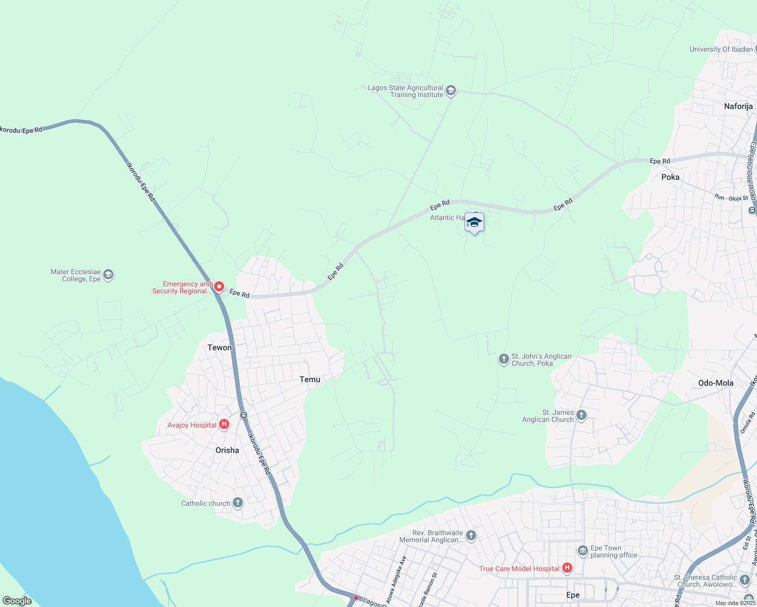 map of restaurants, bars, coffee shops, grocery stores, and more near Epe Road in Epe