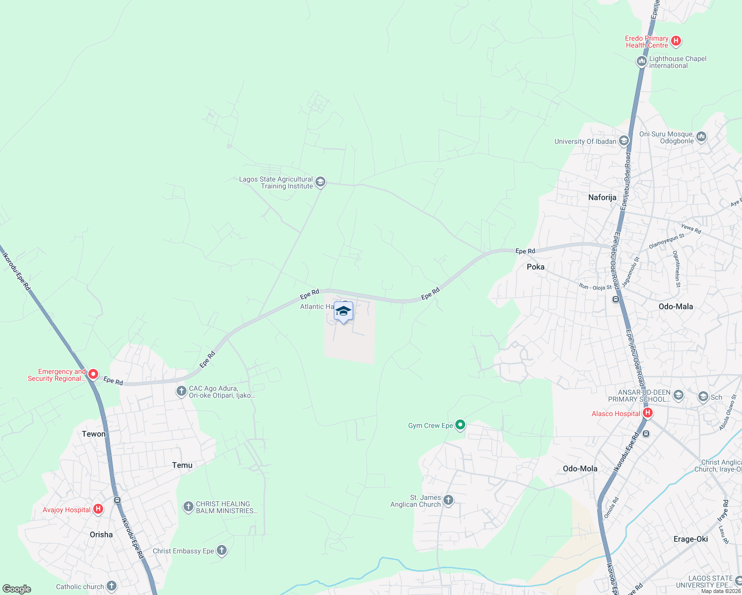map of restaurants, bars, coffee shops, grocery stores, and more near Epe Road in Epe