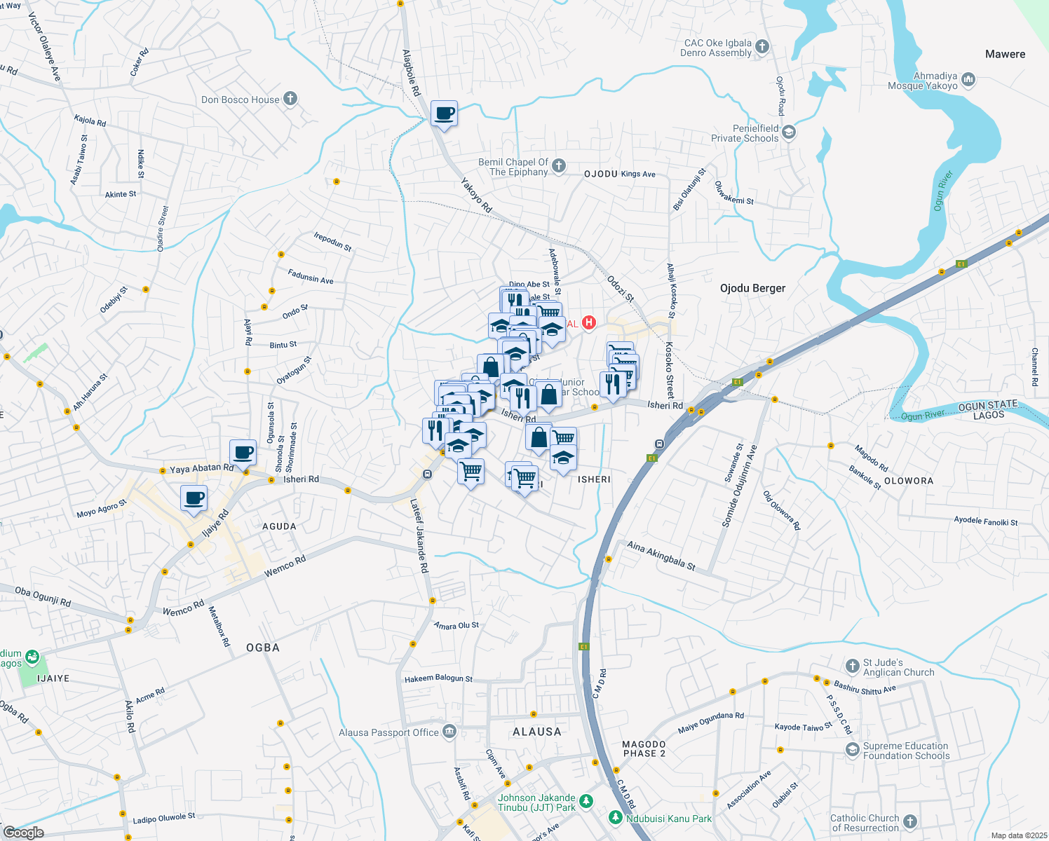 map of restaurants, bars, coffee shops, grocery stores, and more near Isheri Road in Ikeja