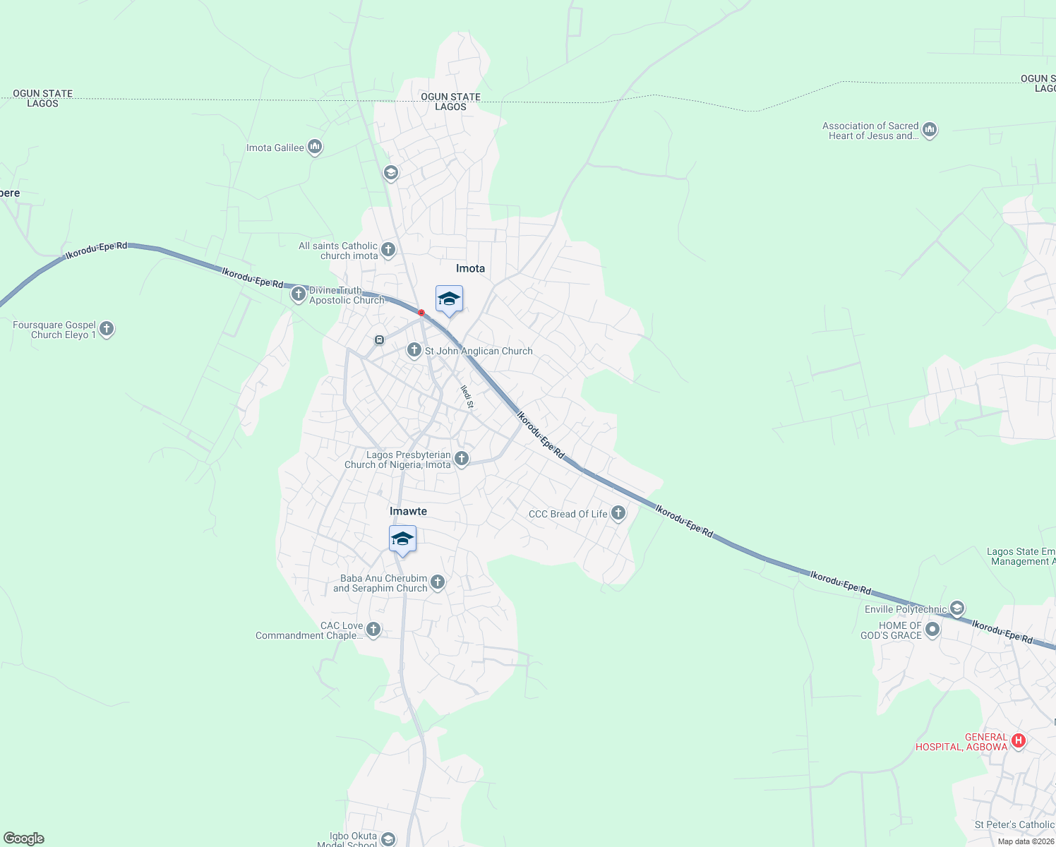 map of restaurants, bars, coffee shops, grocery stores, and more near Ikorodu-Epe Road in Imota