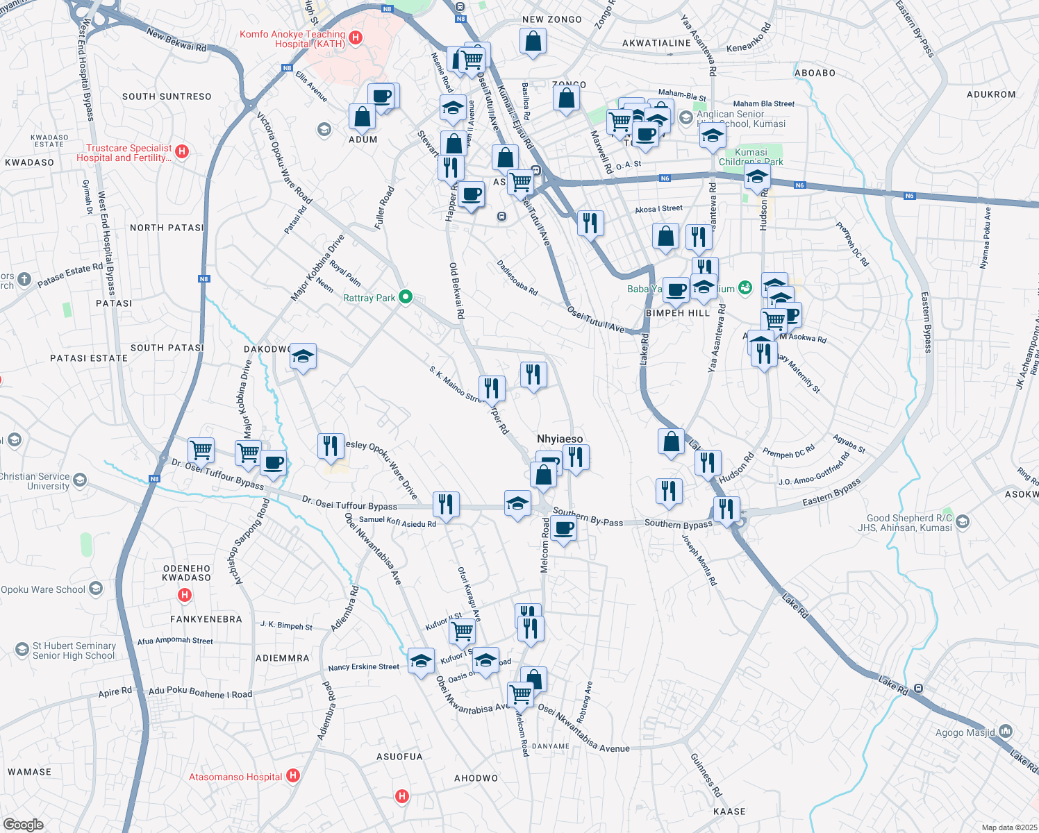 map of restaurants, bars, coffee shops, grocery stores, and more near Dr. Donkor Fordjour Avenue in Kumasi