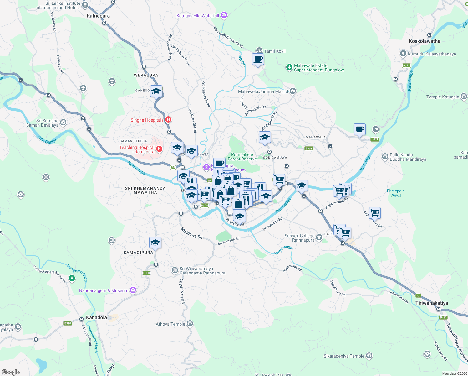 map of restaurants, bars, coffee shops, grocery stores, and more near Goods Shed Road in Ratnapura