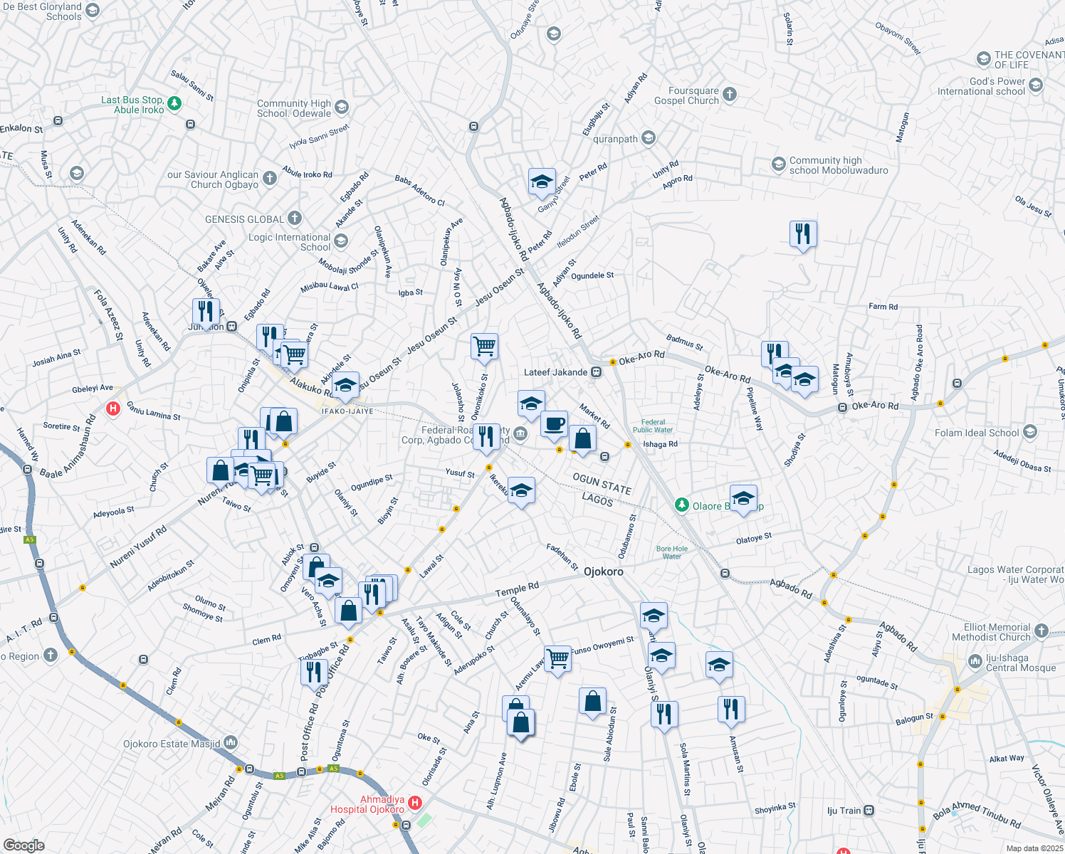map of restaurants, bars, coffee shops, grocery stores, and more near Agbado Ijaiye Road in Ojokoro
