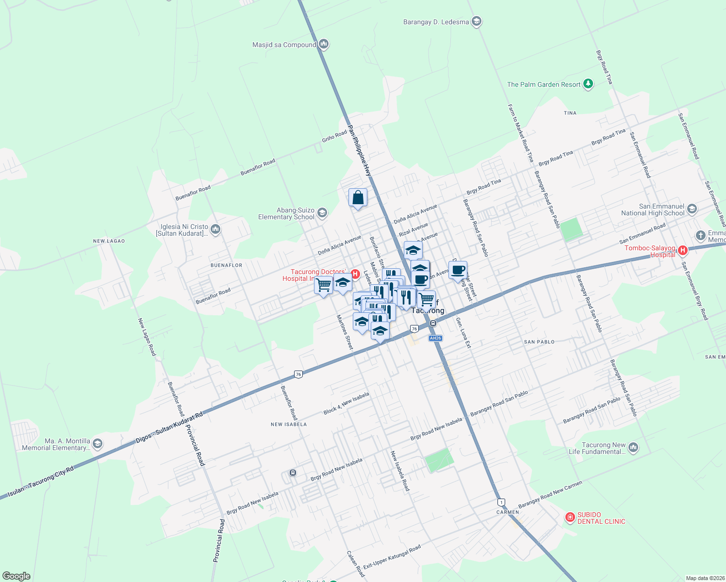map of restaurants, bars, coffee shops, grocery stores, and more near Malvar Street in Tacurong City