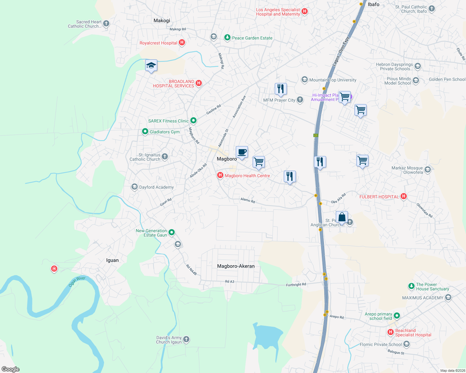 map of restaurants, bars, coffee shops, grocery stores, and more near Shina Kodaolu Street in Magboro
