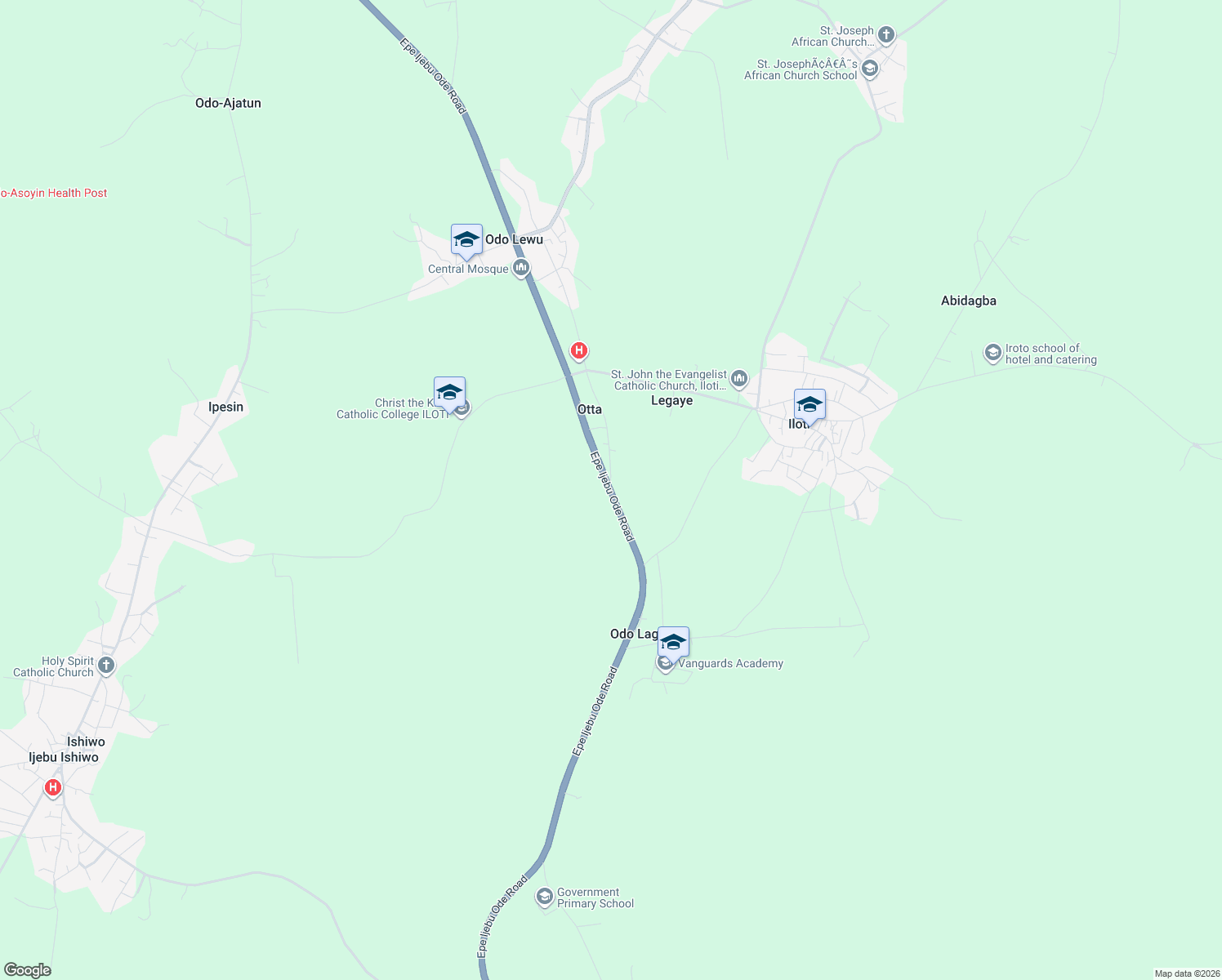 map of restaurants, bars, coffee shops, grocery stores, and more near Epe Ijebu Ode Road in Odo Lewu