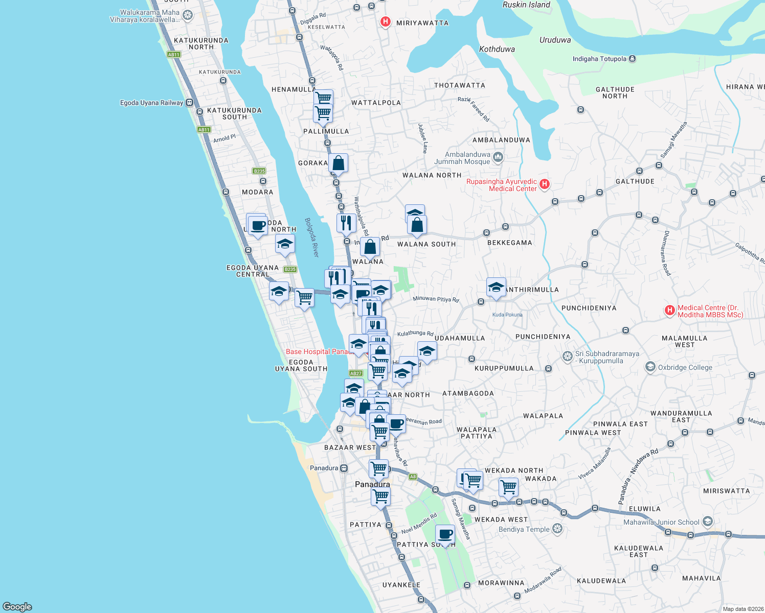 map of restaurants, bars, coffee shops, grocery stores, and more near Walana Road in Panadura