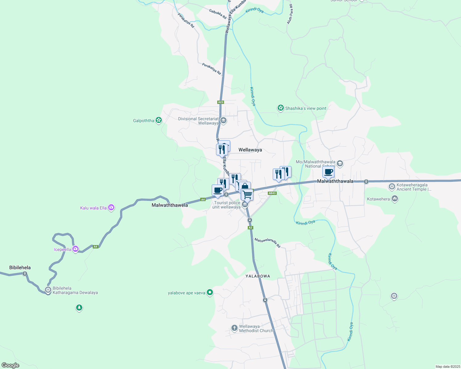 map of restaurants, bars, coffee shops, grocery stores, and more near Wellawaya-Ella-Kumbalwela Highway in Wellawaya