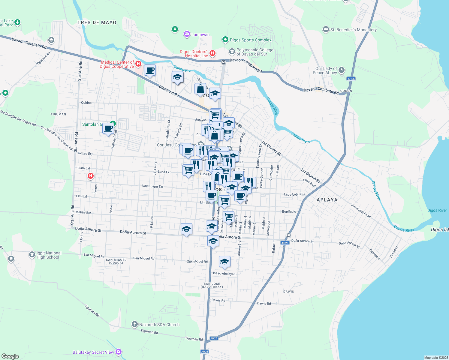 map of restaurants, bars, coffee shops, grocery stores, and more near Vinzon Street in Digos City