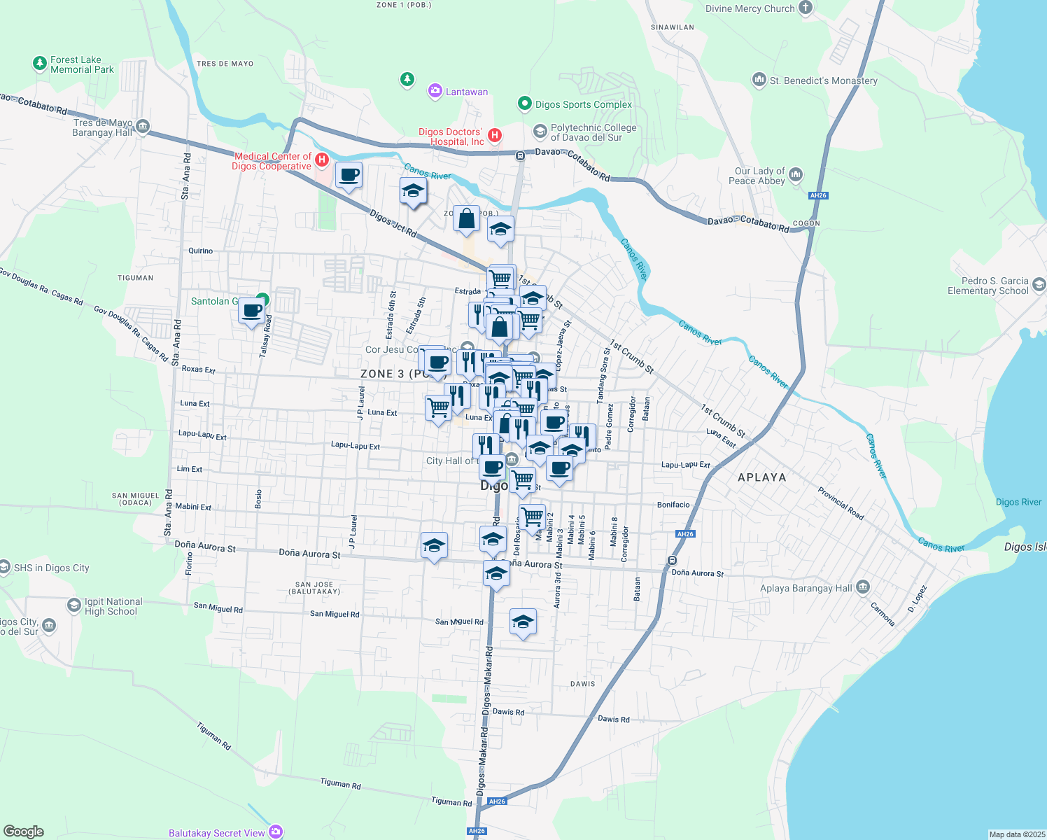 map of restaurants, bars, coffee shops, grocery stores, and more near Vinzon st. in Digos City