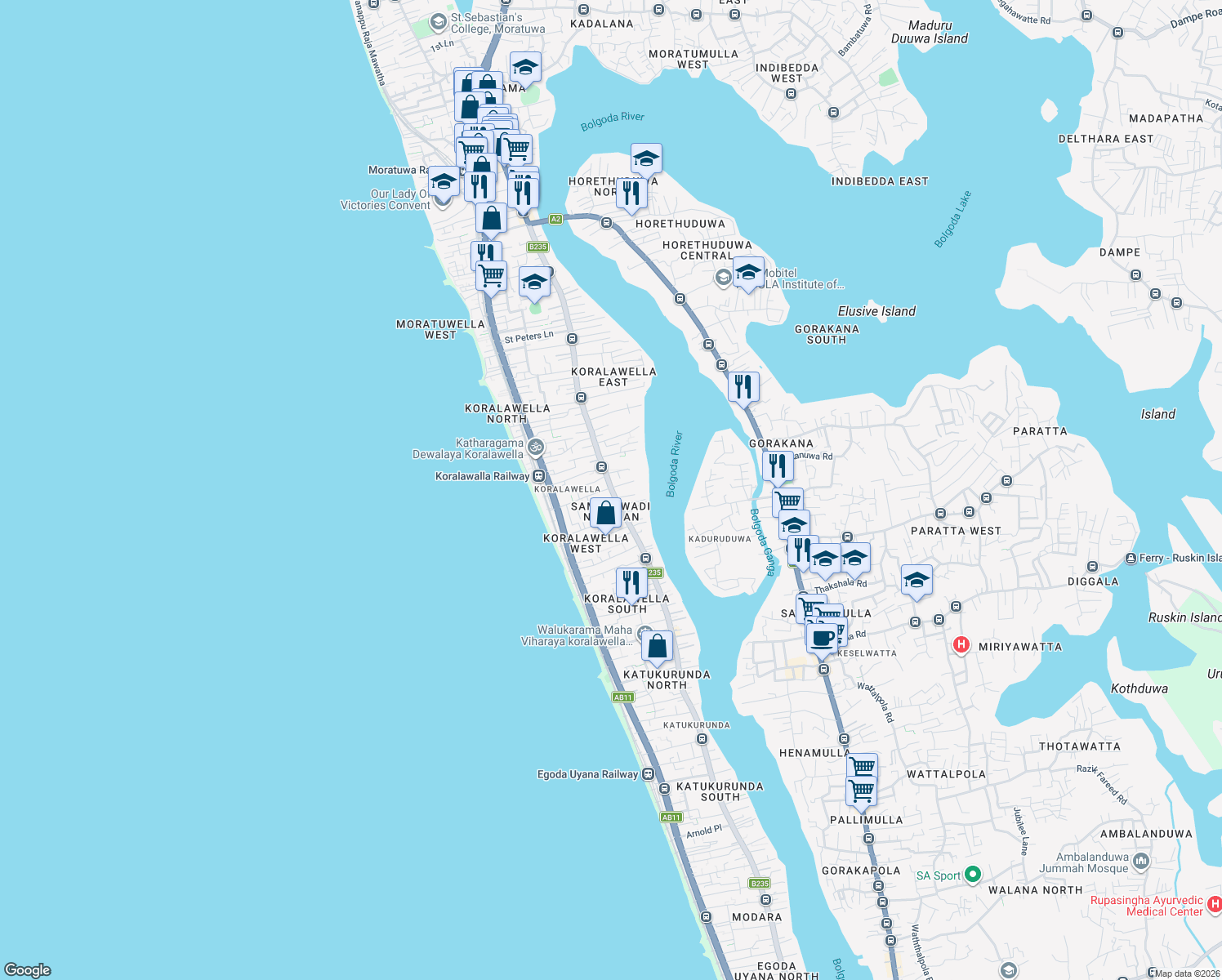 map of restaurants, bars, coffee shops, grocery stores, and more near Modara Road in Moratuwa