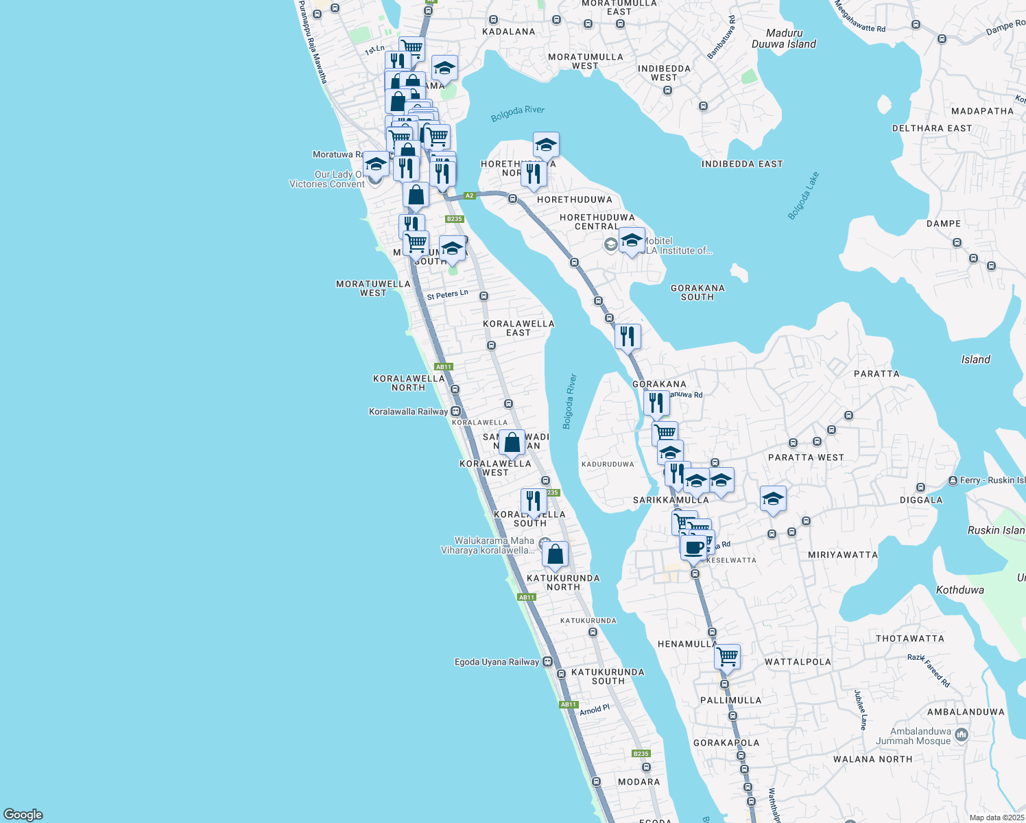 map of restaurants, bars, coffee shops, grocery stores, and more near Modara Road in Moratuwa