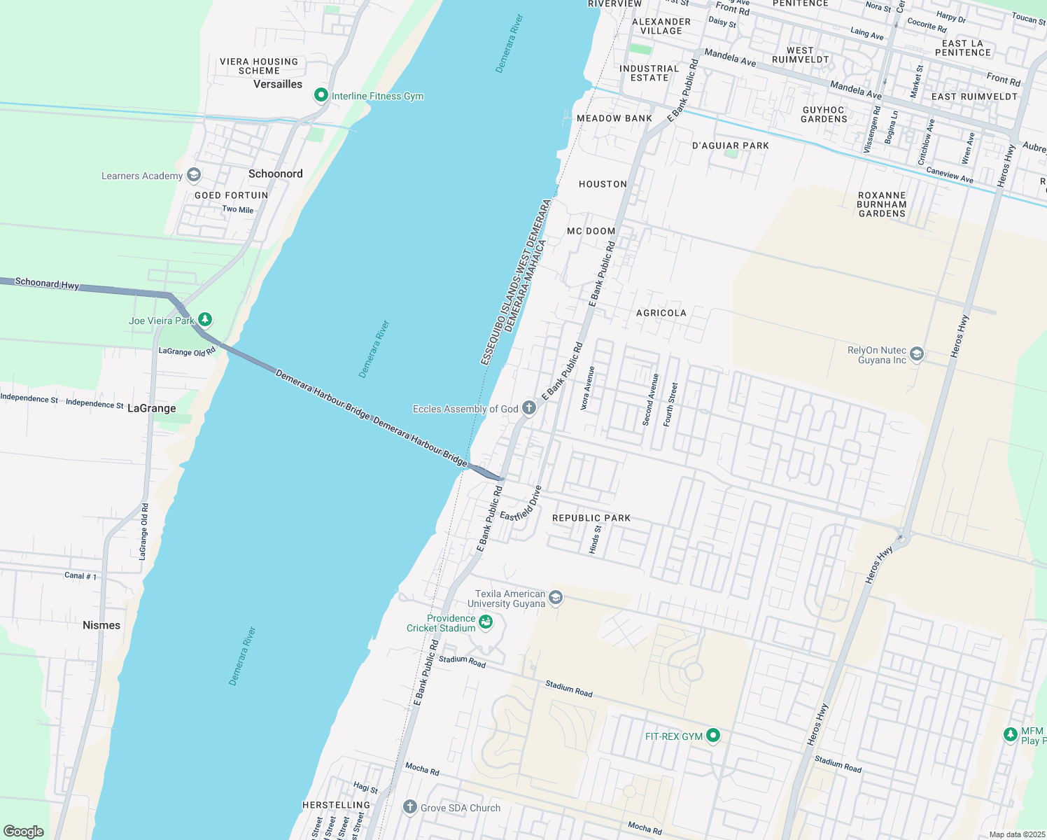 map of restaurants, bars, coffee shops, grocery stores, and more near East Bank Public Road in Georgetown