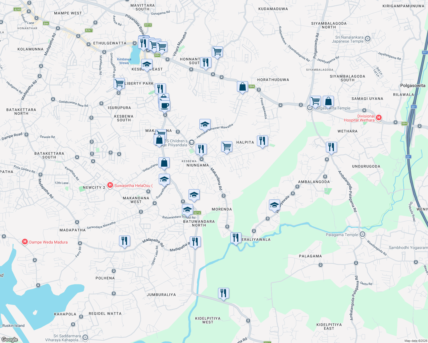 map of restaurants, bars, coffee shops, grocery stores, and more near Makandana Road in Piliyandala