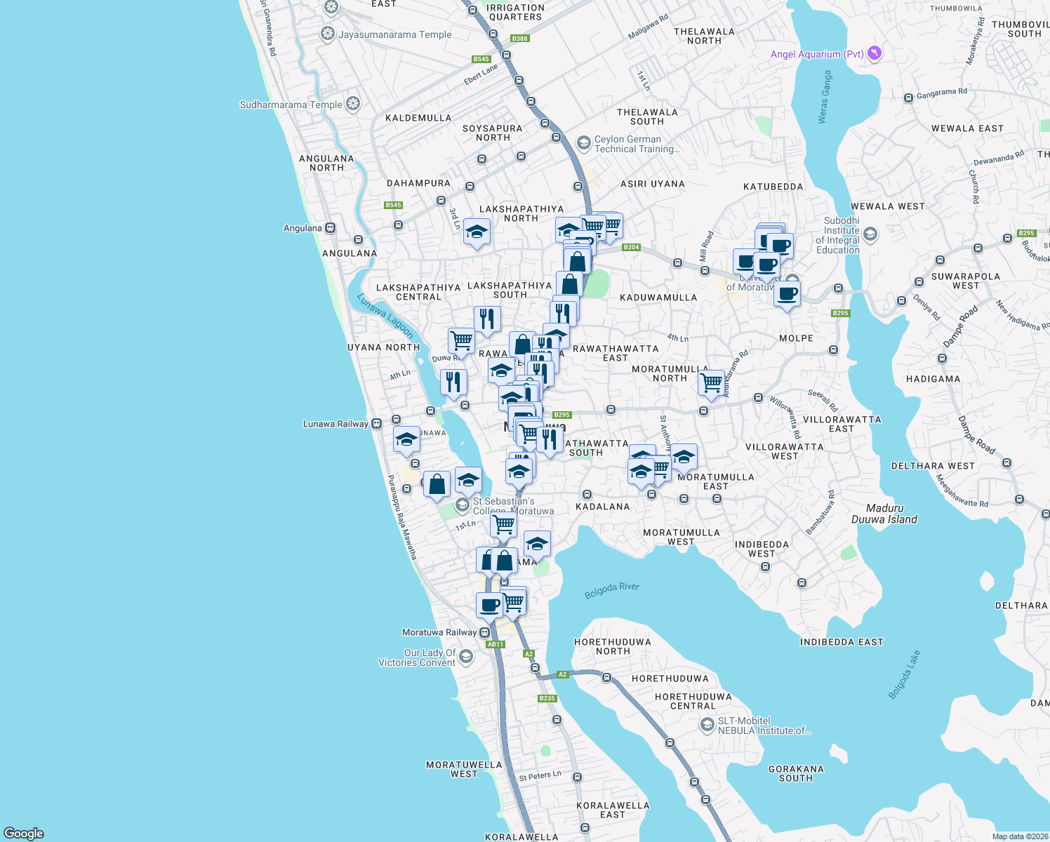 map of restaurants, bars, coffee shops, grocery stores, and more near Station Road in Moratuwa