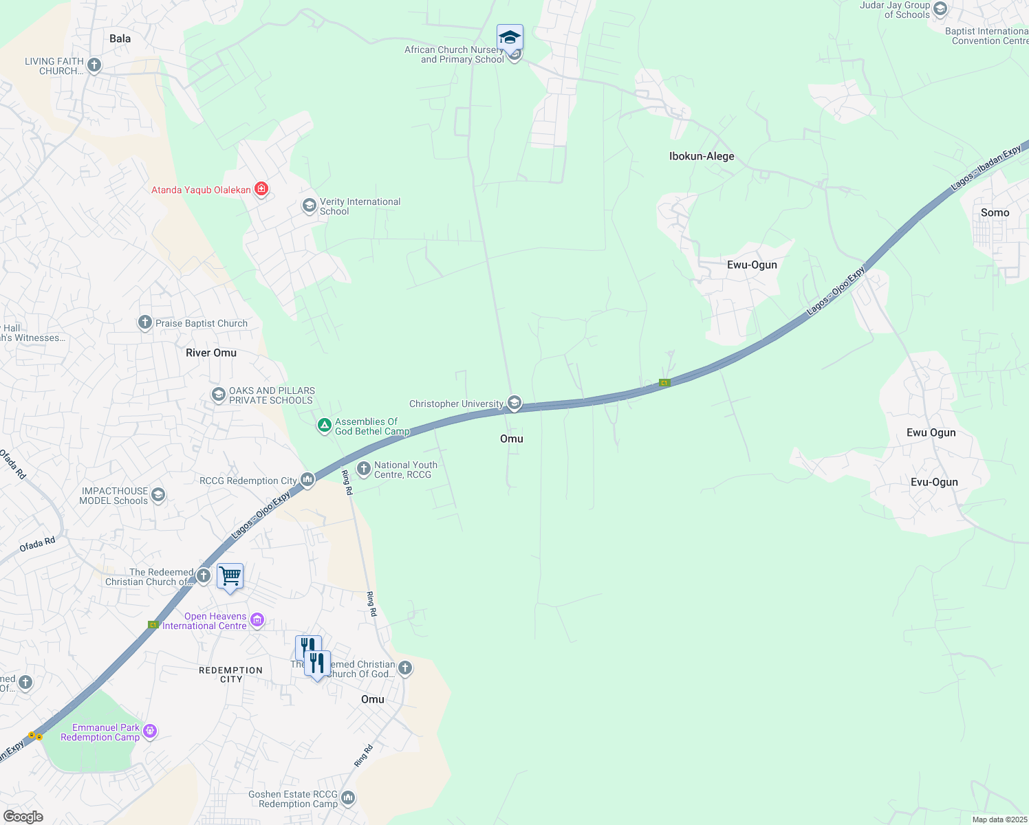 map of restaurants, bars, coffee shops, grocery stores, and more near Km 34 Lagos - Ibadan Expressway in mowe