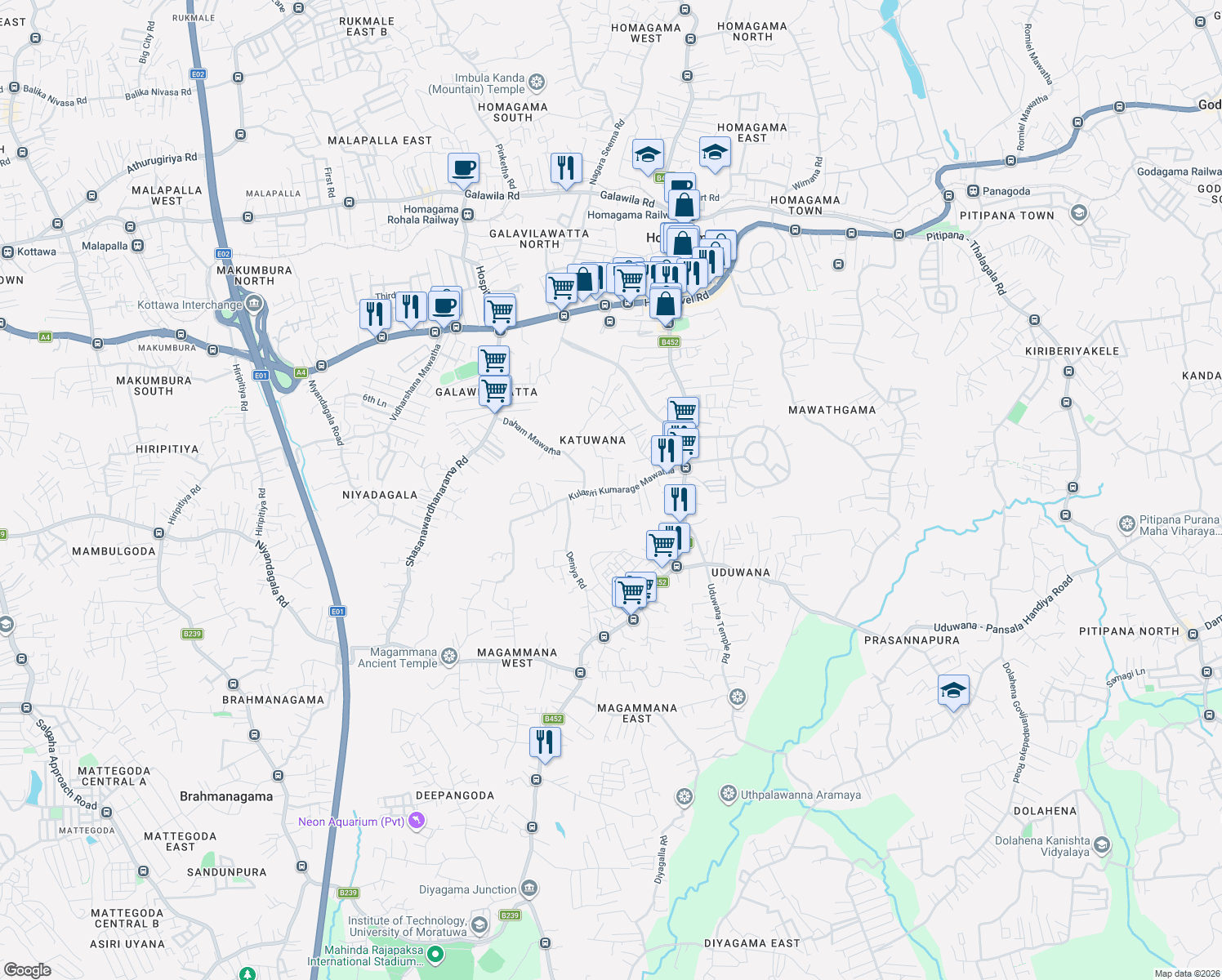 map of restaurants, bars, coffee shops, grocery stores, and more near Kulasiri Kumarage Mawatha in Homagama