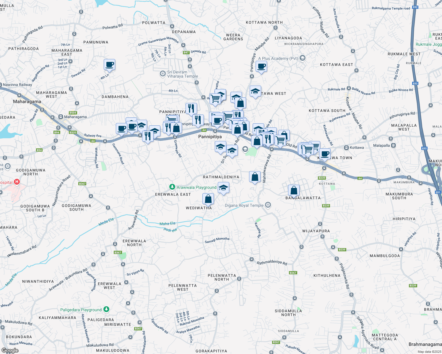 map of restaurants, bars, coffee shops, grocery stores, and more near Rathmaldeniya Road in Pannipitiya
