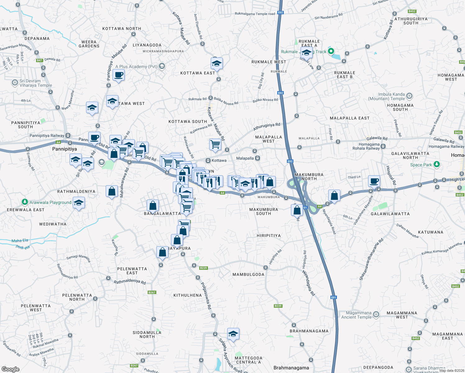 map of restaurants, bars, coffee shops, grocery stores, and more near Sirilak Mawatha in Pannipitiya