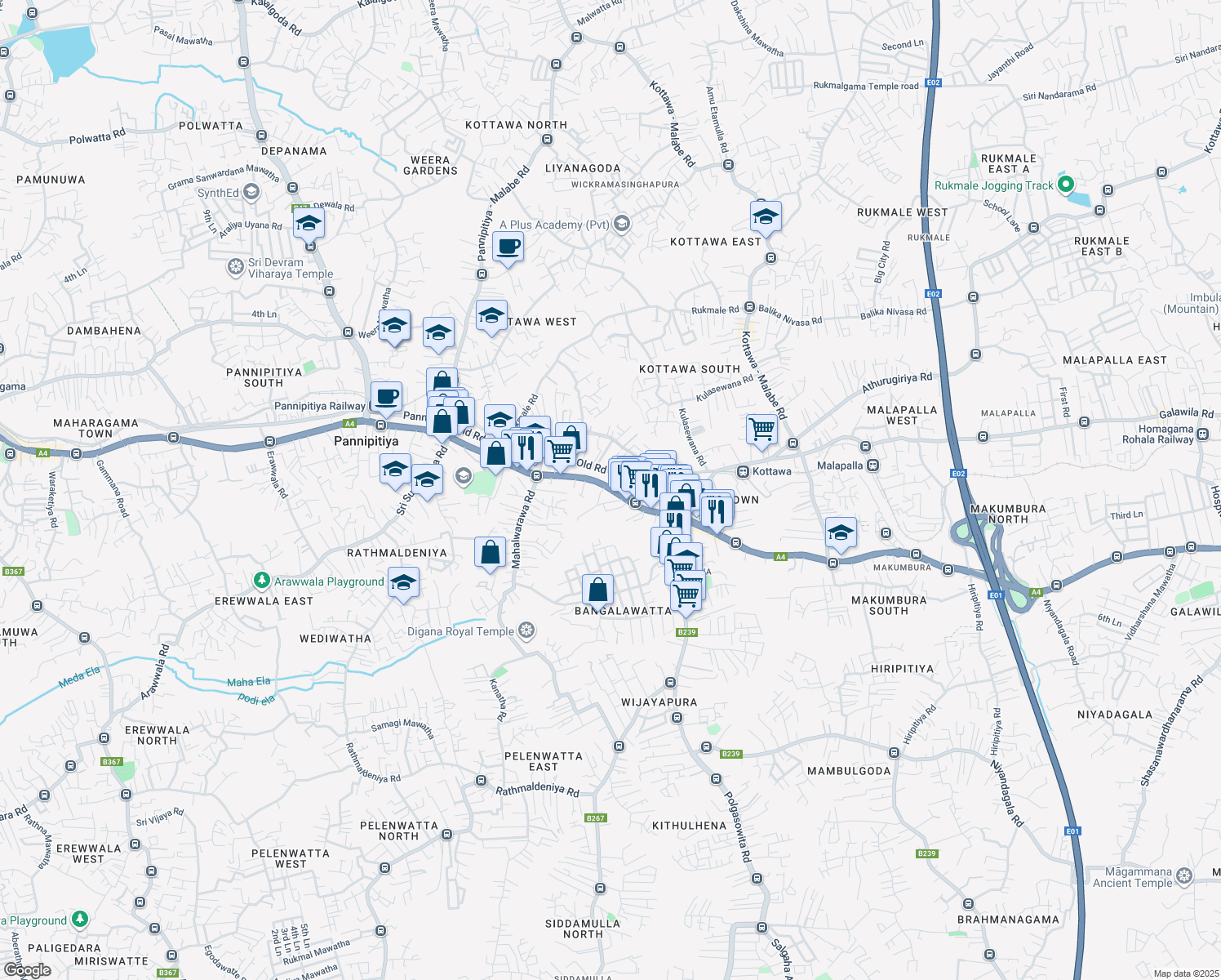 map of restaurants, bars, coffee shops, grocery stores, and more near Old Kottawa Road in Pannipitiya