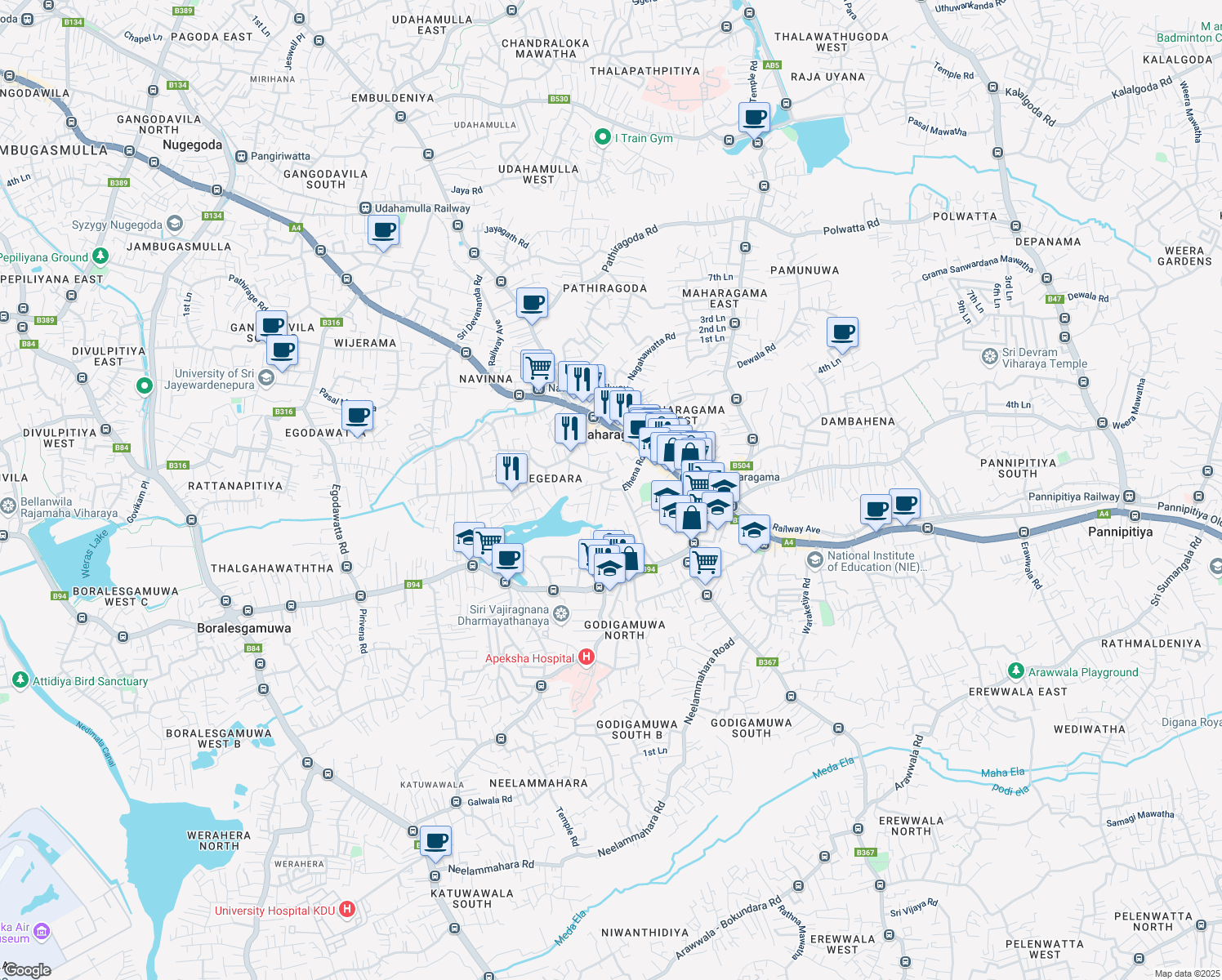 map of restaurants, bars, coffee shops, grocery stores, and more near Elhena Road in Maharagama