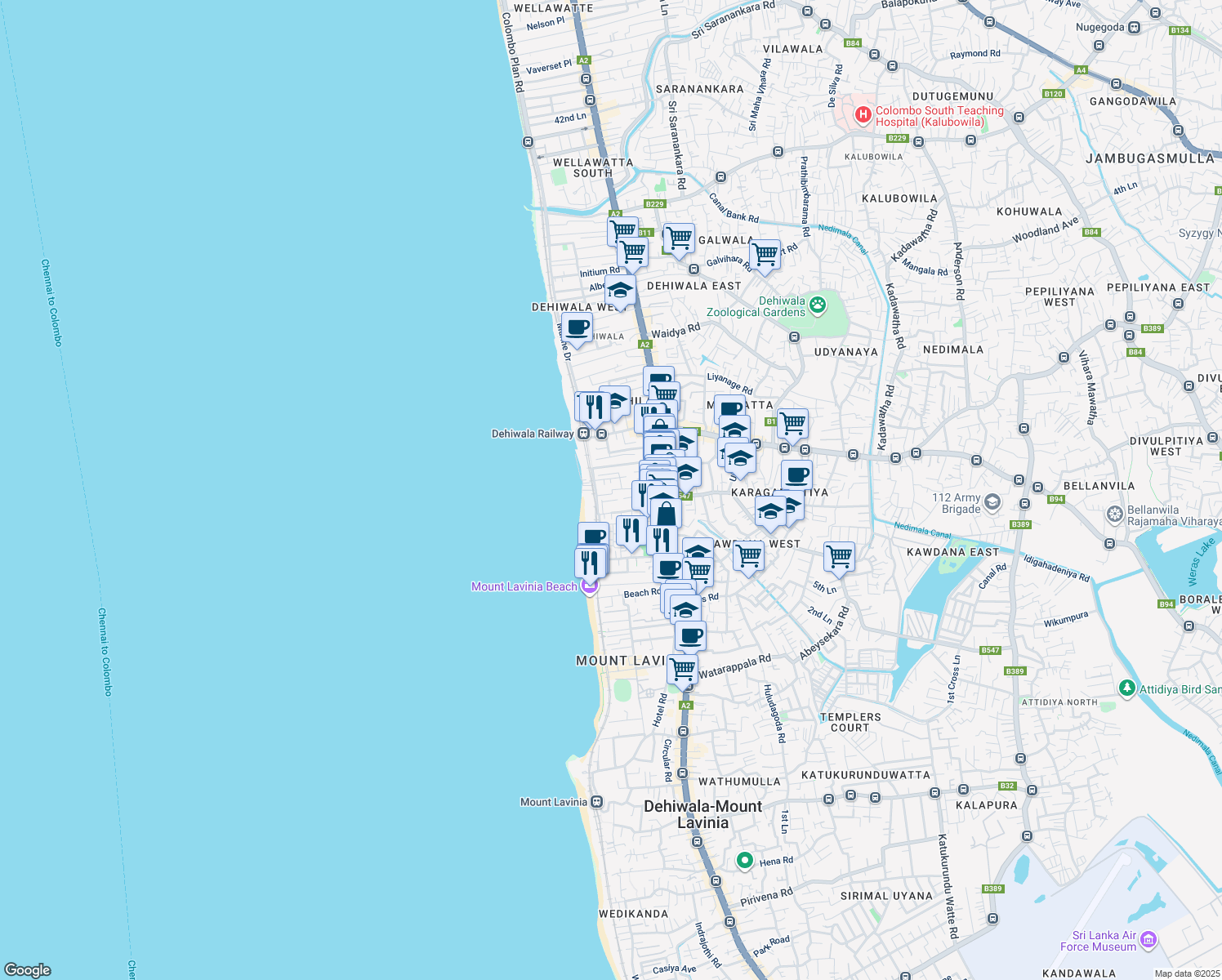 map of restaurants, bars, coffee shops, grocery stores, and more near 18 Aponsu Mawatha in Dehiwala-Mount Lavinia