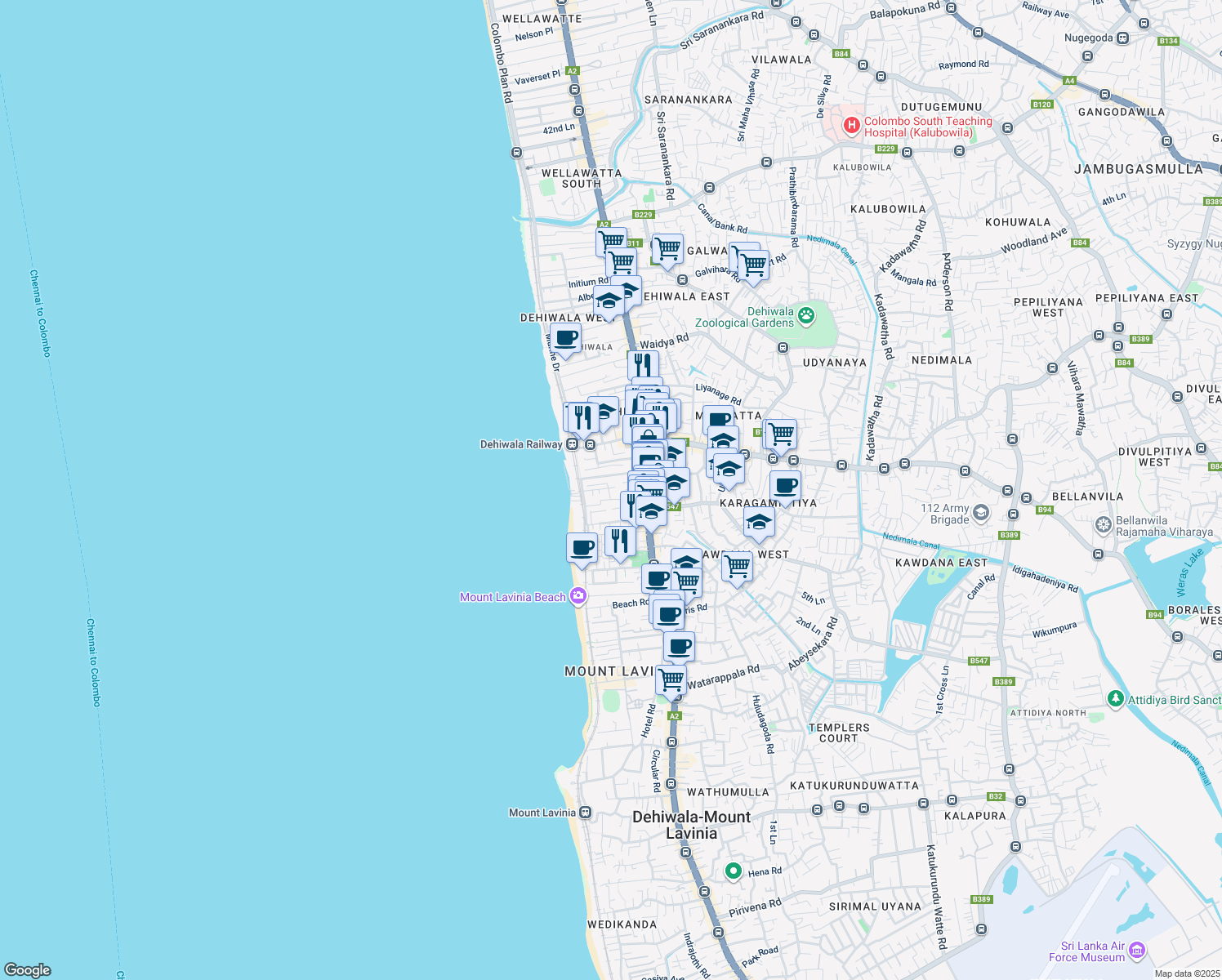 map of restaurants, bars, coffee shops, grocery stores, and more near 18 Aponsu Mawatha in Dehiwala-Mount Lavinia