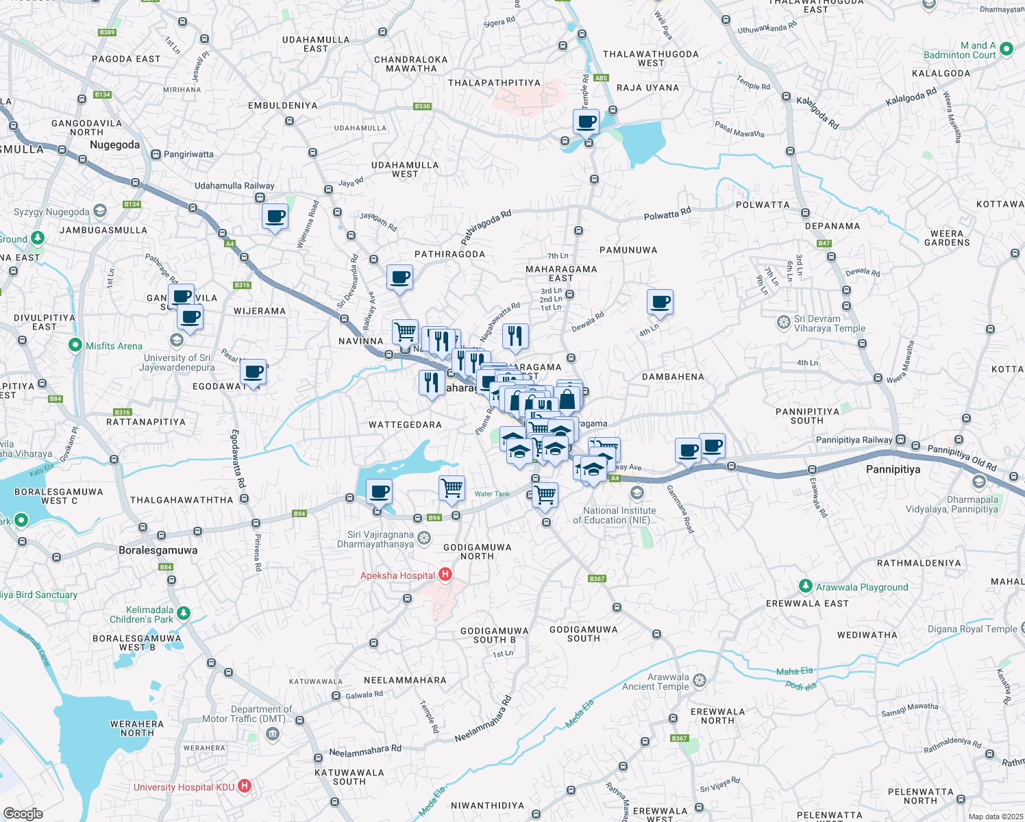 map of restaurants, bars, coffee shops, grocery stores, and more near B335 in Maharagama