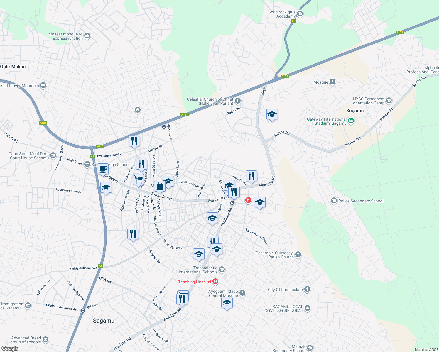 map of restaurants, bars, coffee shops, grocery stores, and more near Epe Street in Sagamu