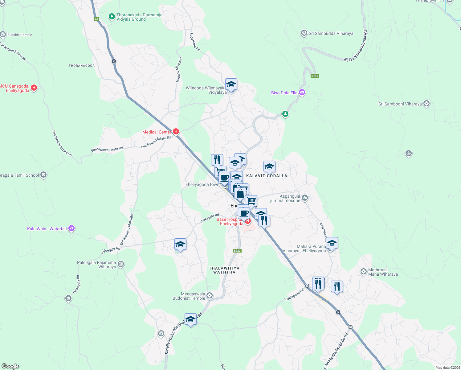 map of restaurants, bars, coffee shops, grocery stores, and more near Vijaya Kumaratunga Road in Eheliyagoda