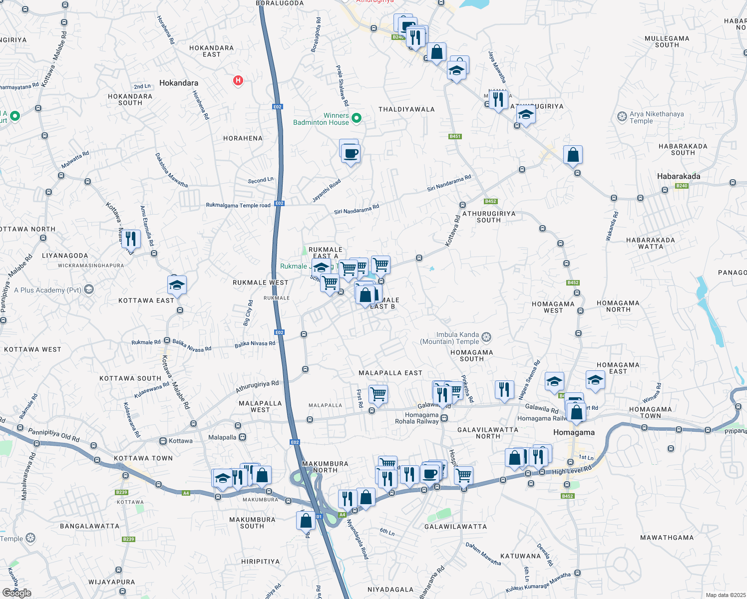map of restaurants, bars, coffee shops, grocery stores, and more near Kottawa Road in Pannipitiya