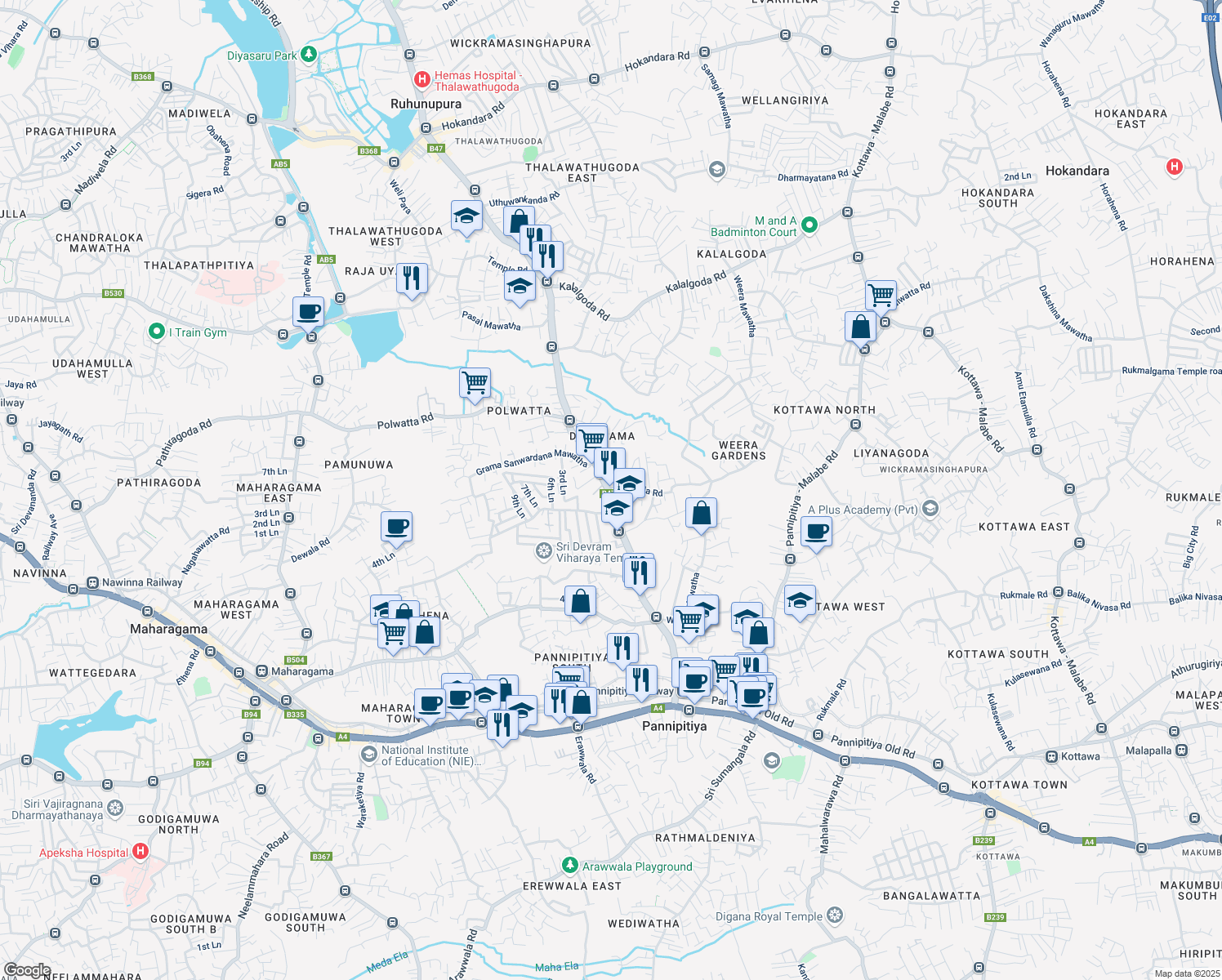 map of restaurants, bars, coffee shops, grocery stores, and more near Devala Road in Pannipitiya