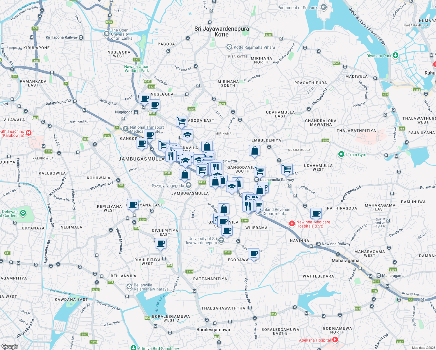 map of restaurants, bars, coffee shops, grocery stores, and more near 51 Udahamulla Station Road in Nugegoda