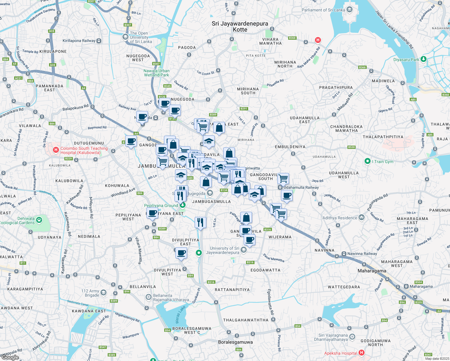 map of restaurants, bars, coffee shops, grocery stores, and more near Colombo-Ratnapura-Wellawaya-Batticaloa Highway in Nugegoda