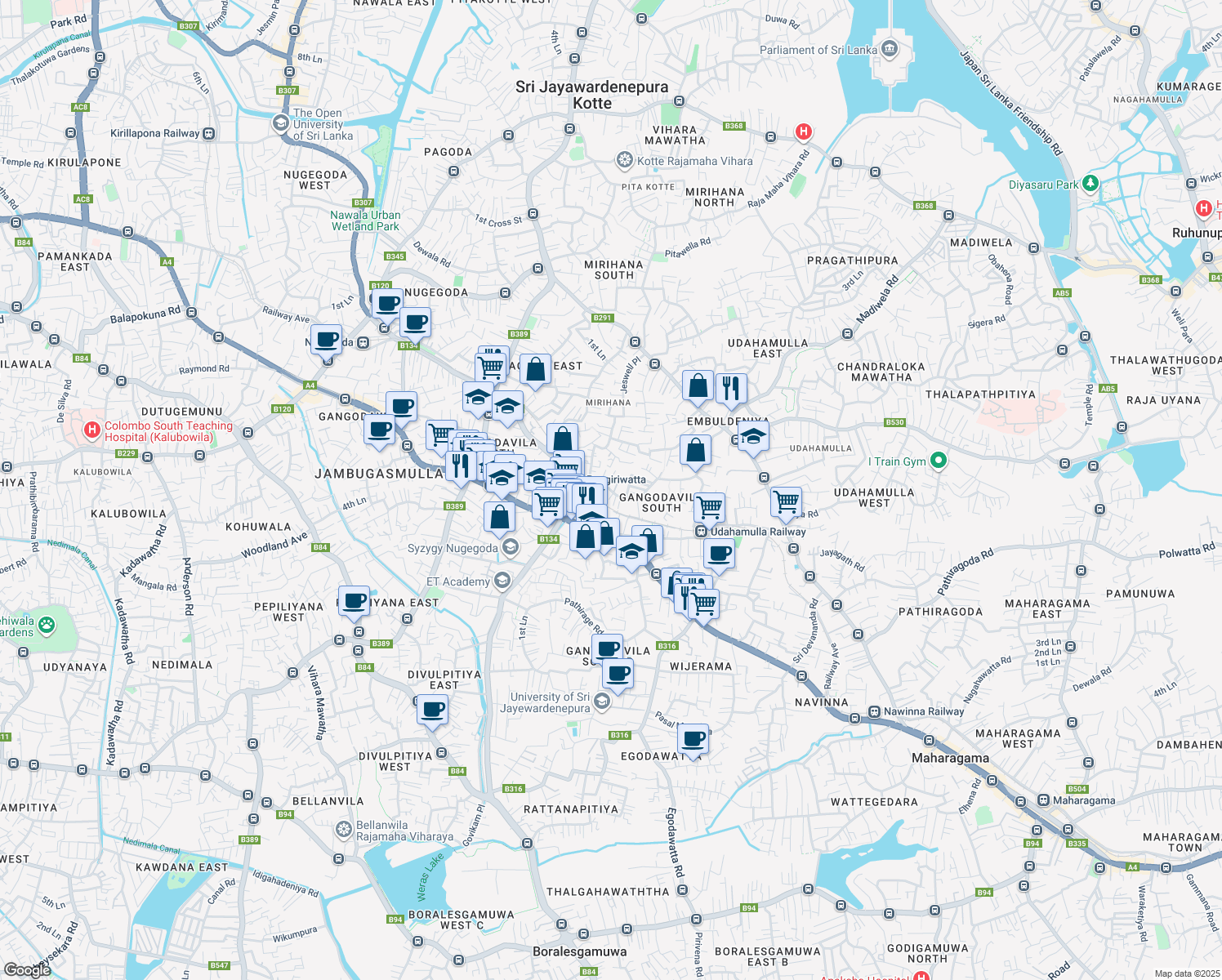 map of restaurants, bars, coffee shops, grocery stores, and more near Pangiriwatta Road in Nugegoda