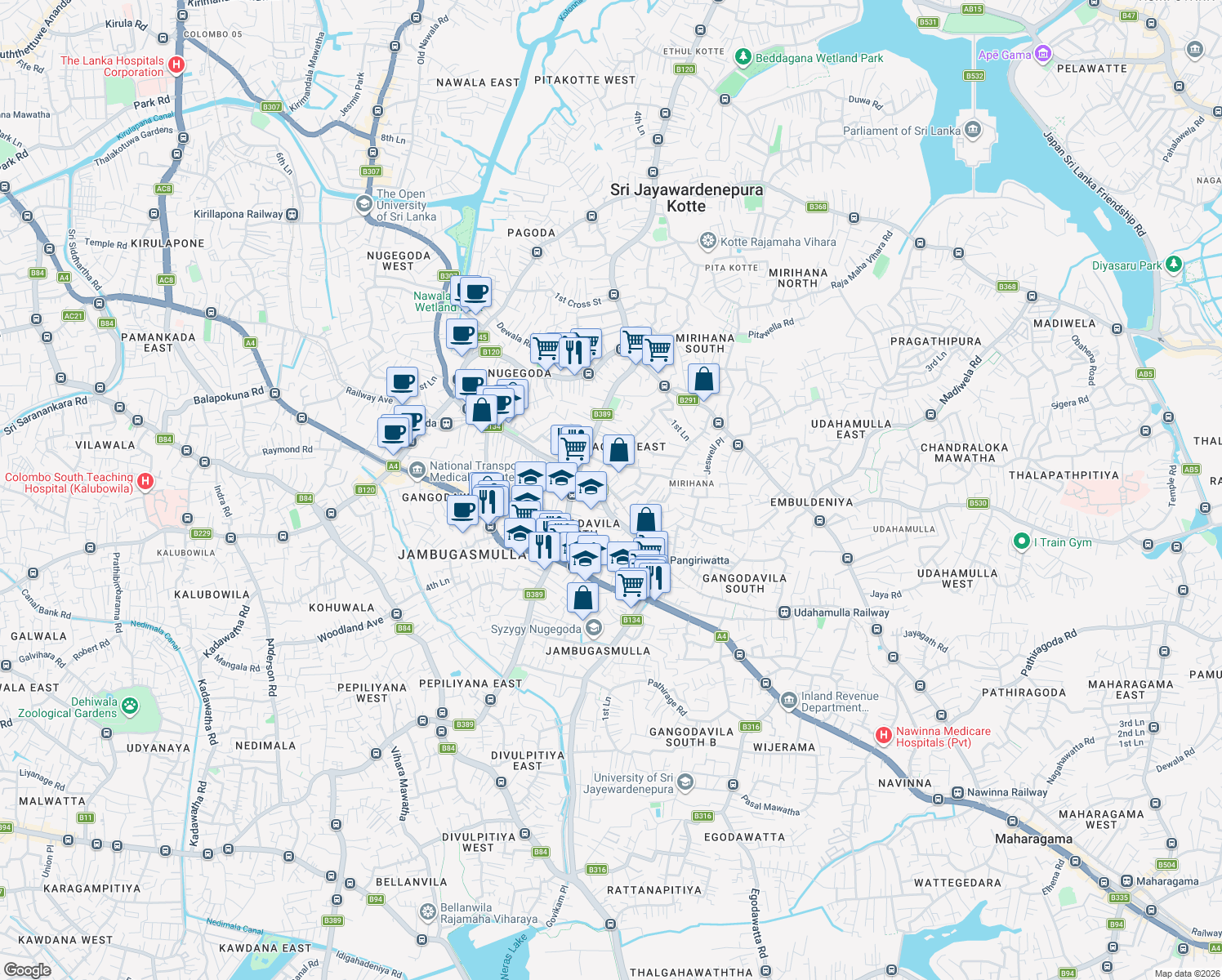 map of restaurants, bars, coffee shops, grocery stores, and more near Samagi Mawatha in Nugegoda