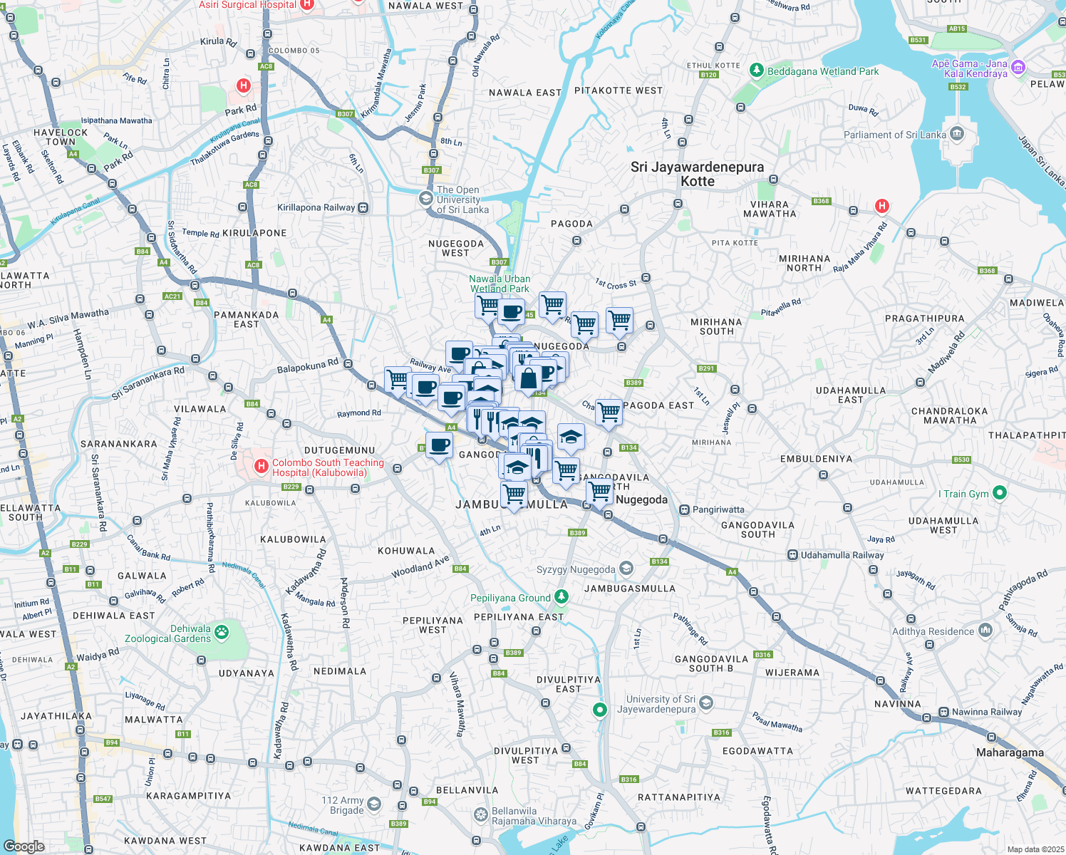 map of restaurants, bars, coffee shops, grocery stores, and more near Jambugasmulla Road in Nugegoda