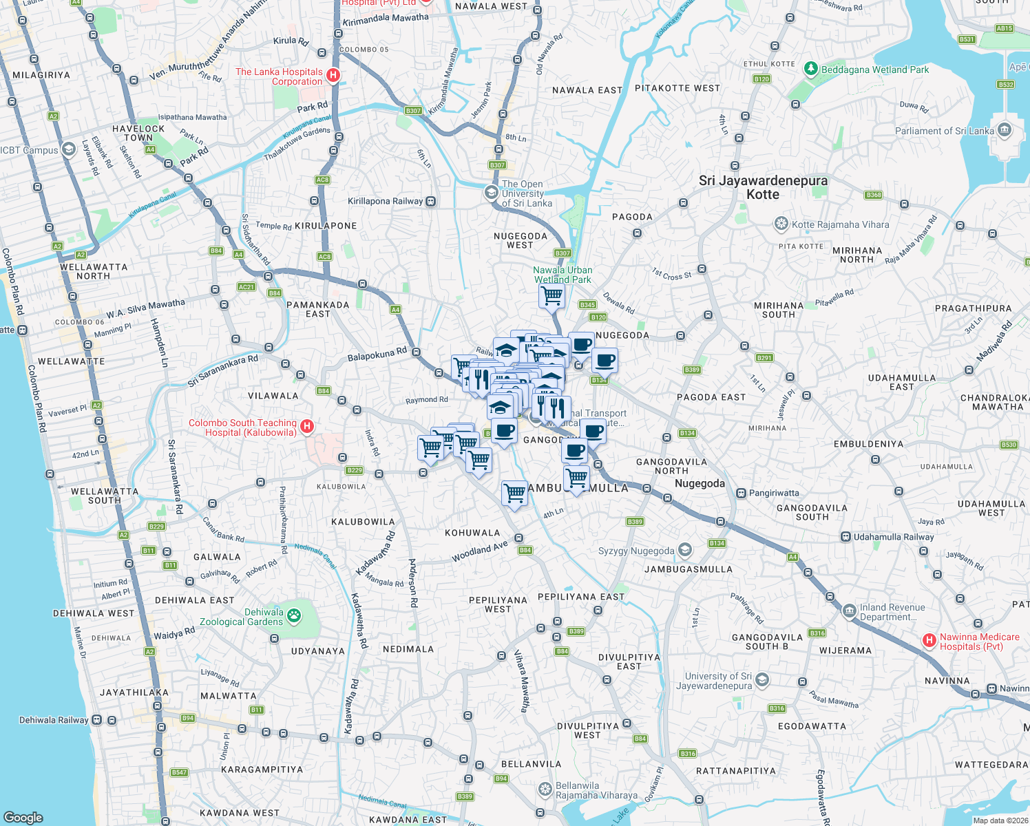 map of restaurants, bars, coffee shops, grocery stores, and more near Nugegoda Flyover in Nugegoda