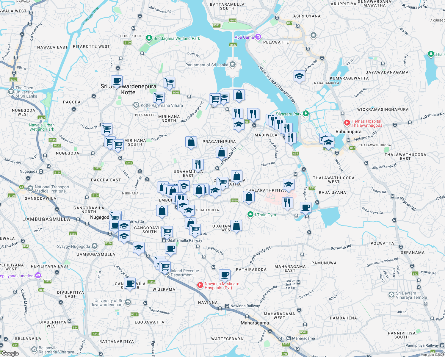 map of restaurants, bars, coffee shops, grocery stores, and more near Anura Mawatha in Nugegoda
