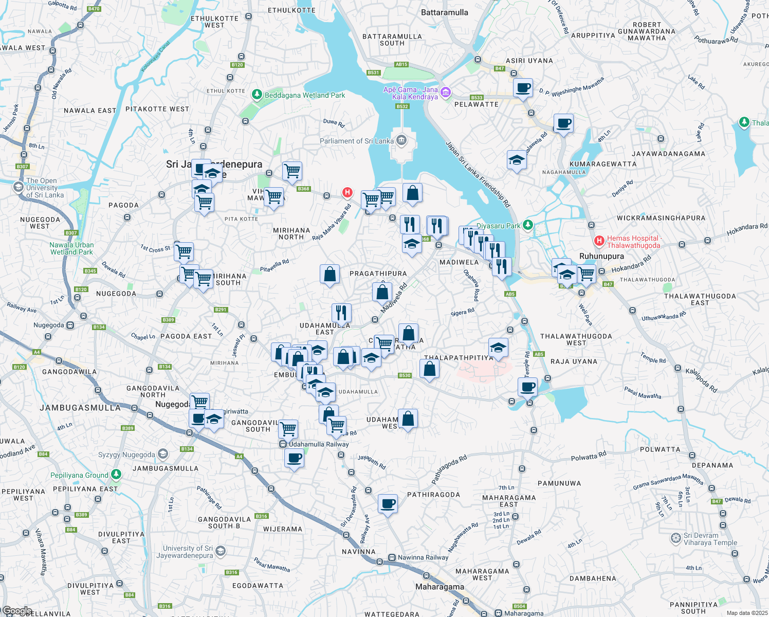 map of restaurants, bars, coffee shops, grocery stores, and more near Madiwela Road in Sri Jayawardenepura Kotte